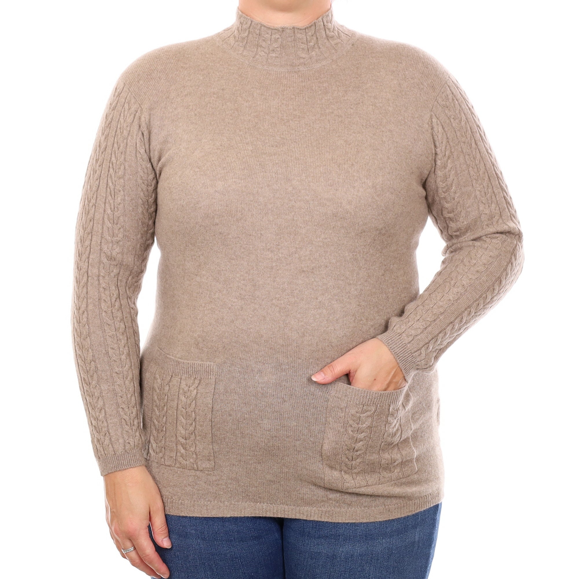Taupe Cable Detail Cashmere Turtleneck Jumper with Pockets Large