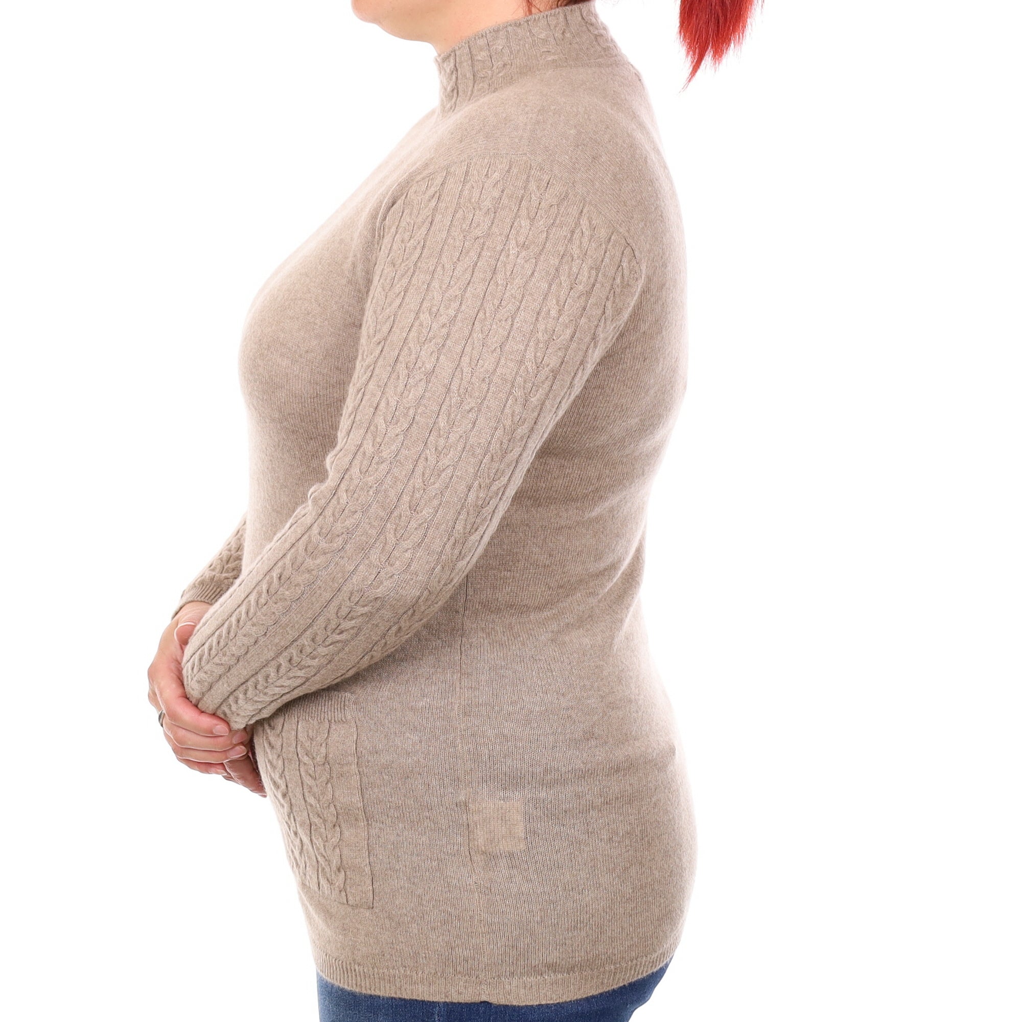 Taupe Cable Detail Cashmere Turtleneck Jumper with Pockets Large