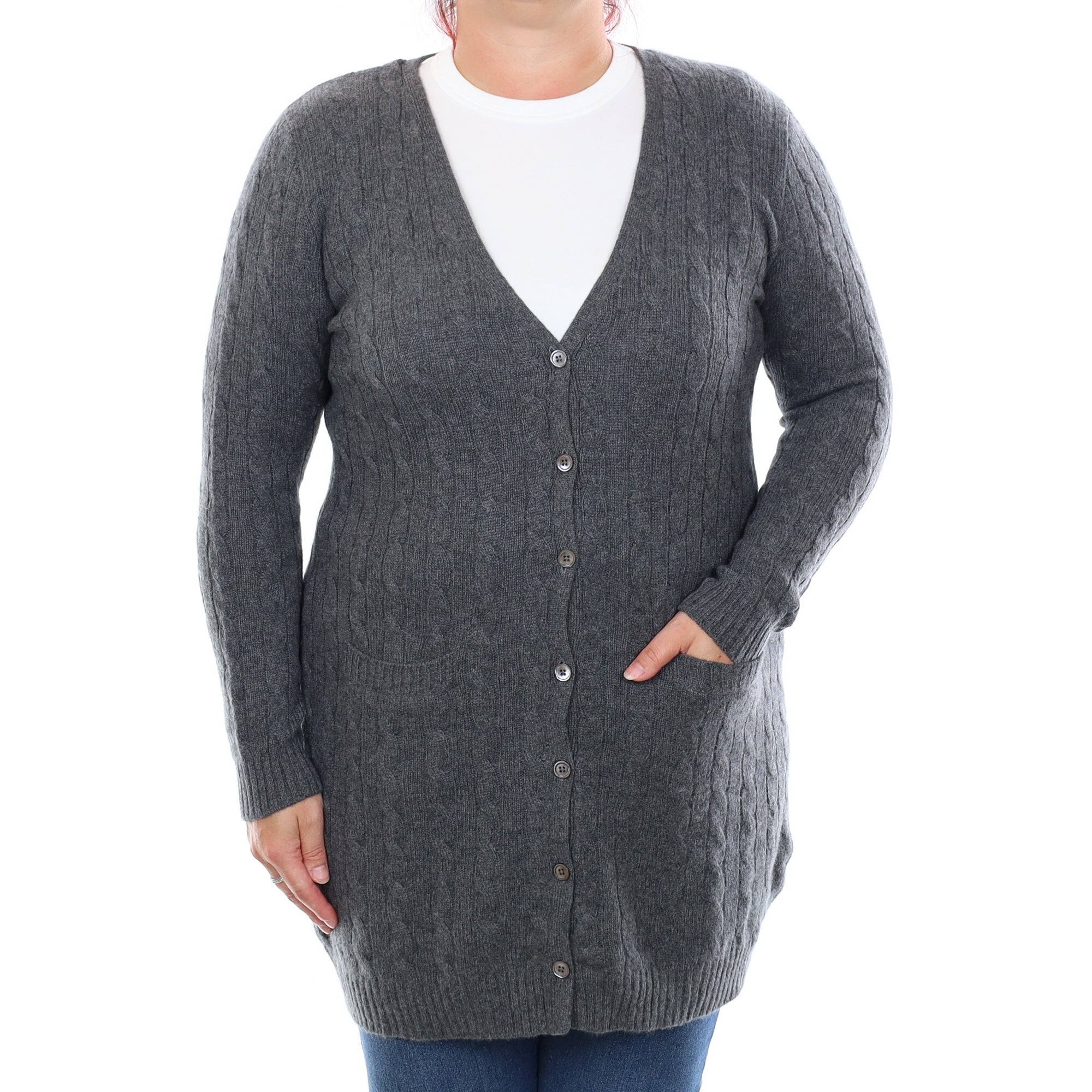 Slate Grey Cable Cashmere Longline V Neck Cardigan Large
