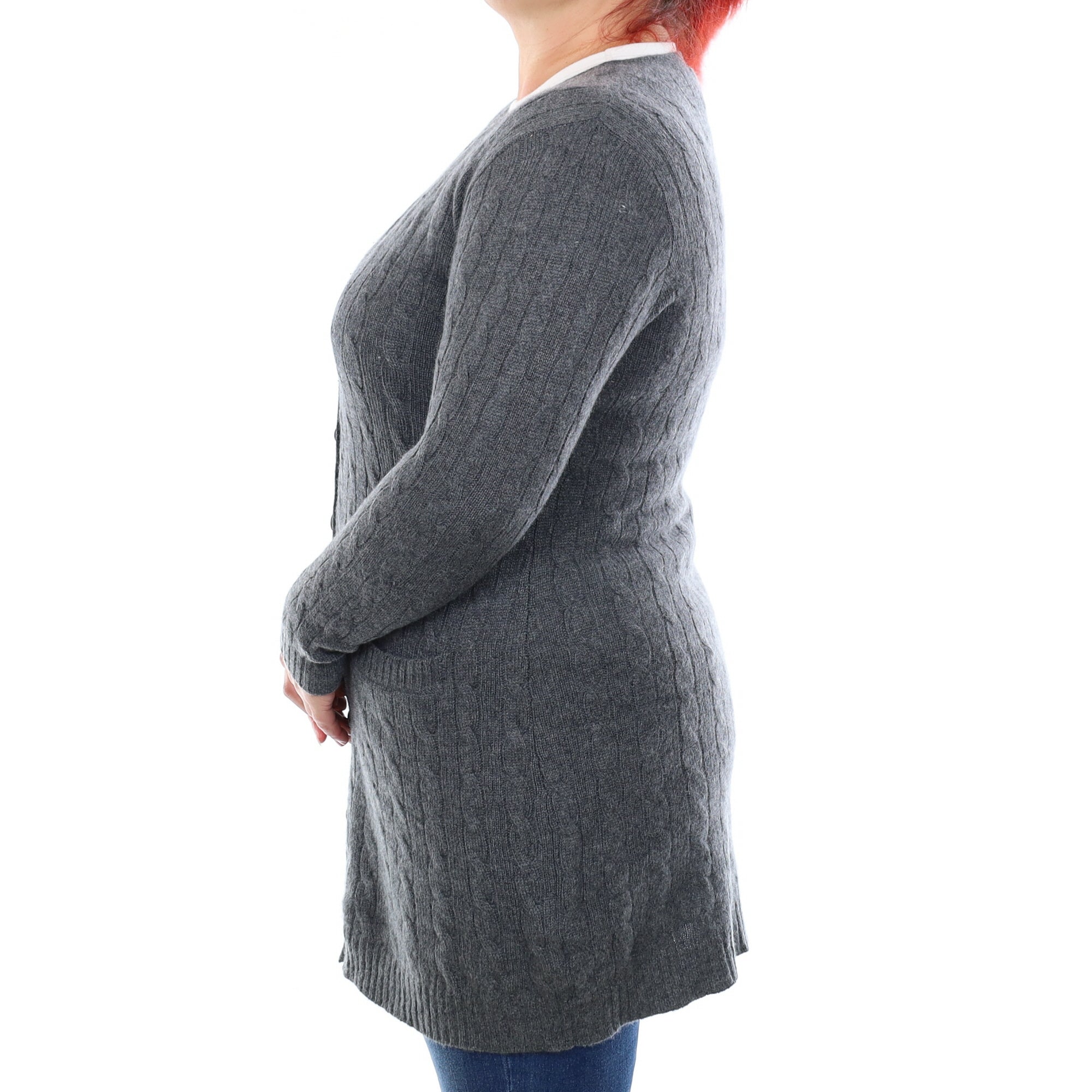 Slate Grey Cable Cashmere Longline V Neck Cardigan Large