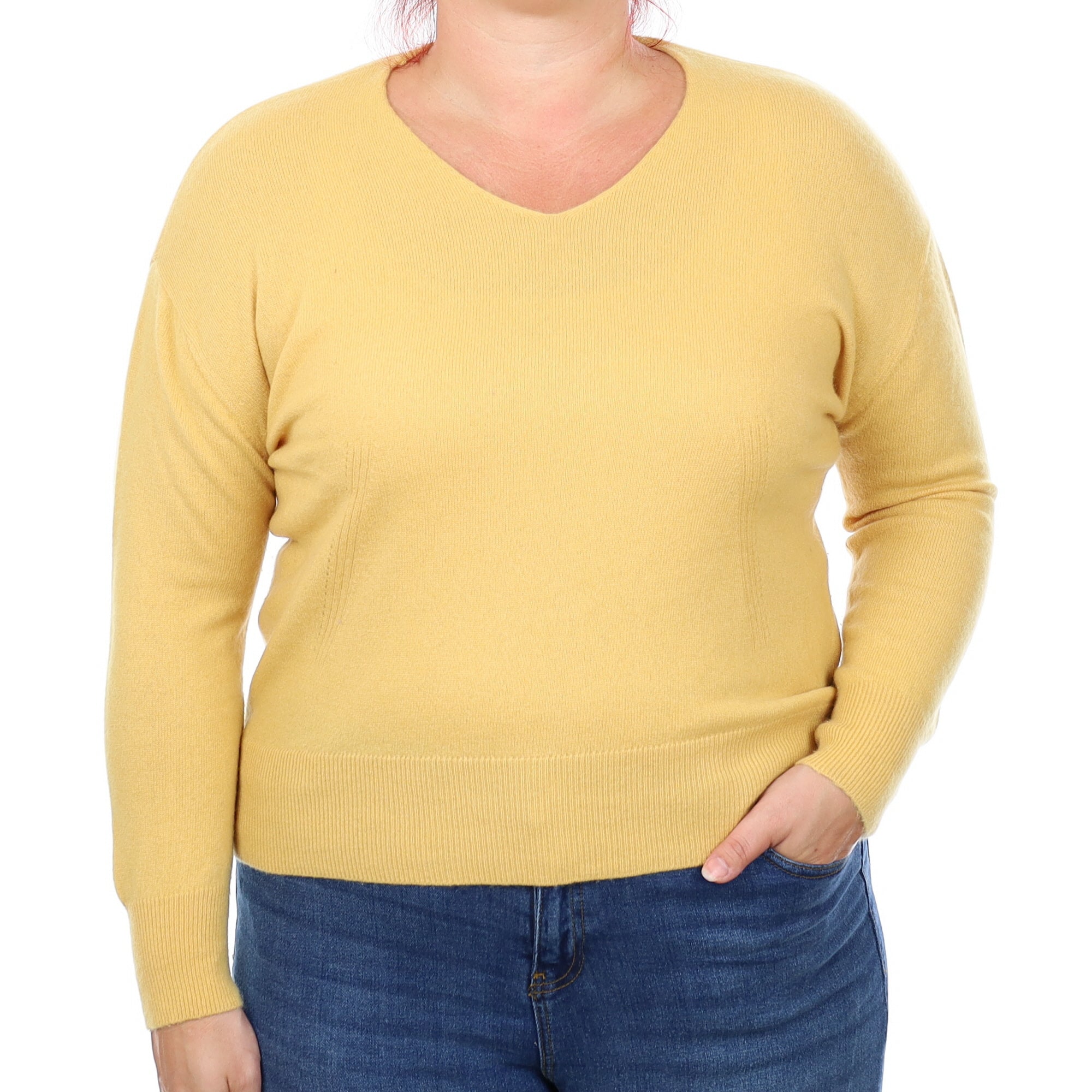 Flaxen Yellow Cashmere V Neck Jumper Large