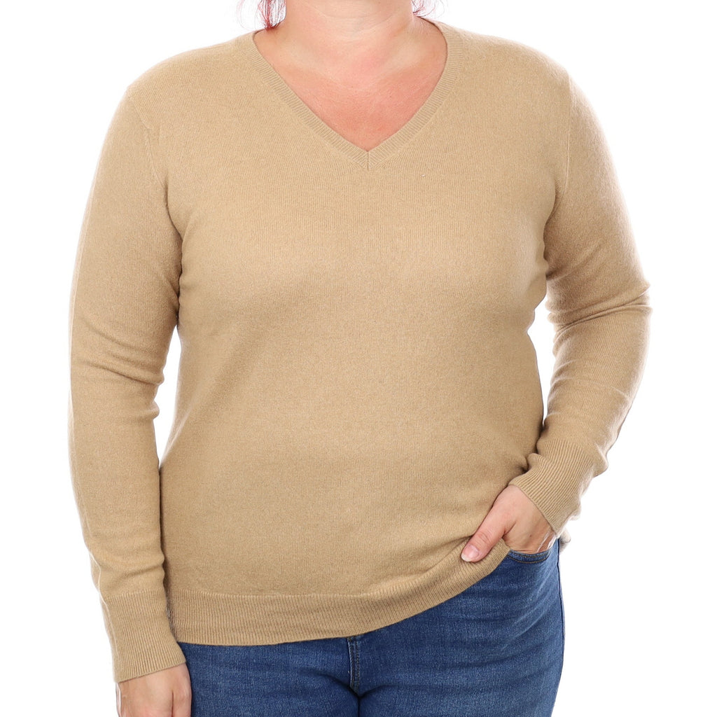Caramel Brown Cashmere V Neck Jumper Large