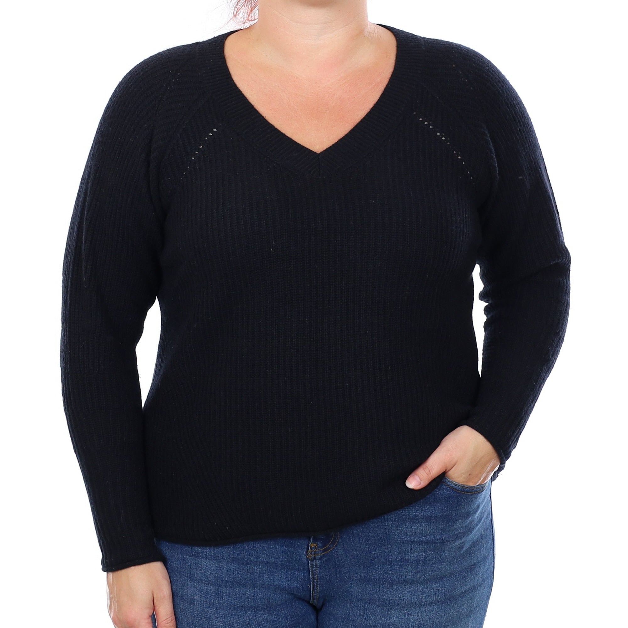 Black Chunky Rib Cashmere Boxy V Neck Jumper Large