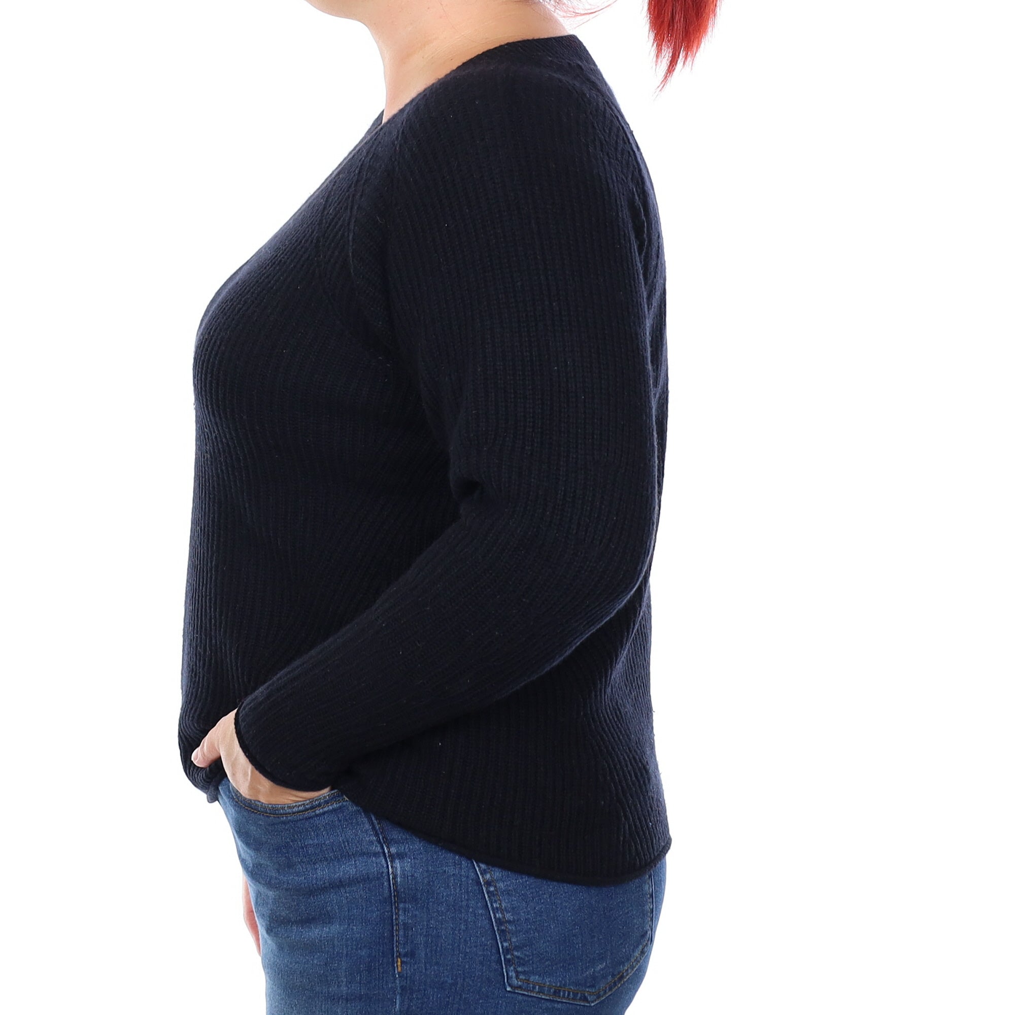 Black Chunky Rib Cashmere Boxy V Neck Jumper Large