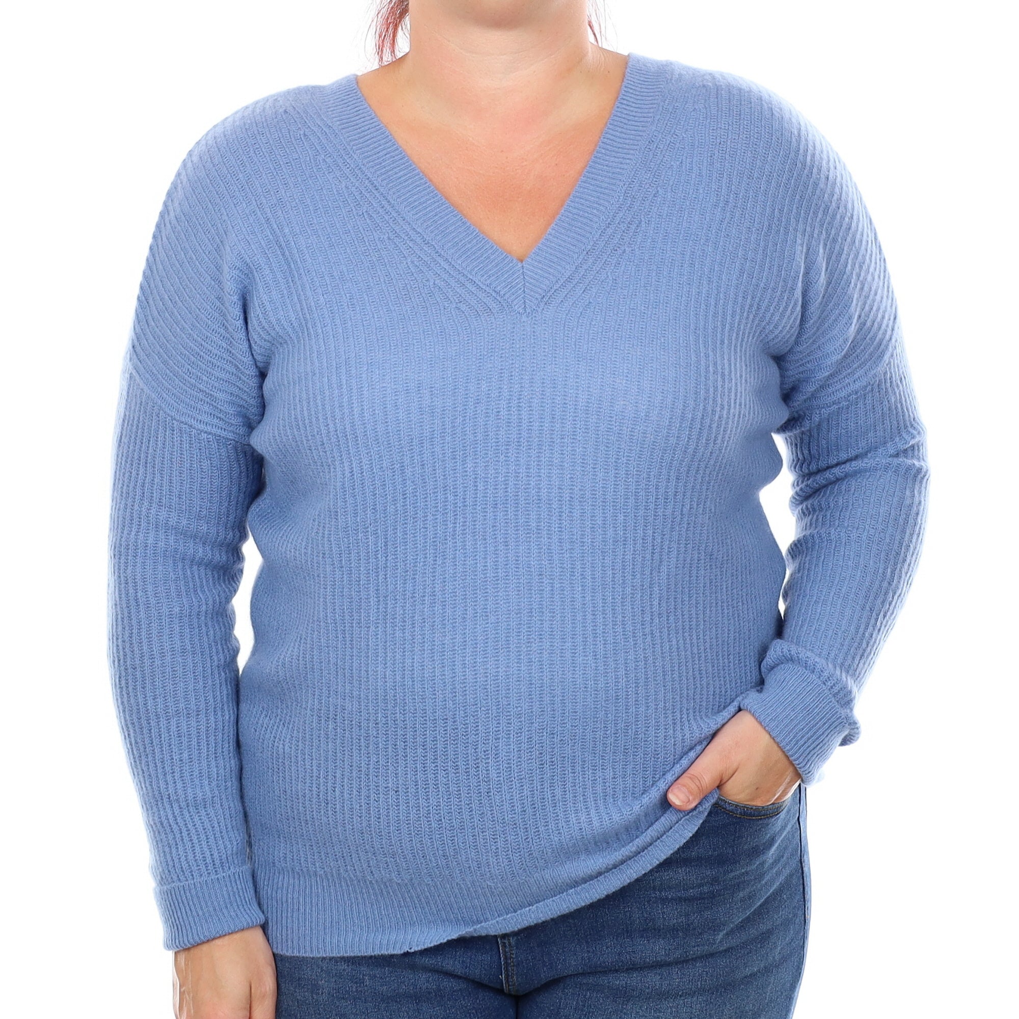 Sky Blue Rib Cashmere V Neck Jumper Large