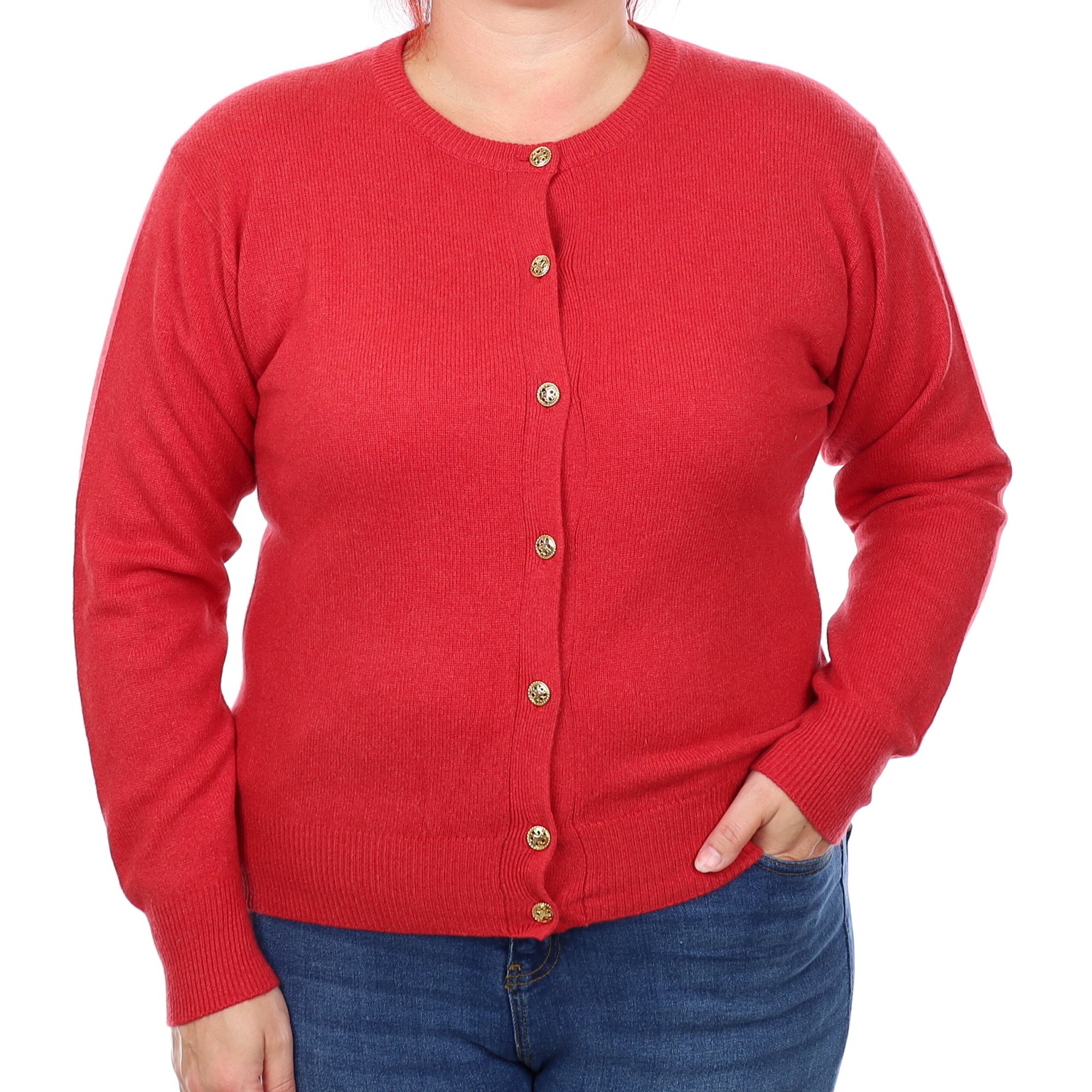 Strawberry Red Cashmere Crew Neck Cardigan Large