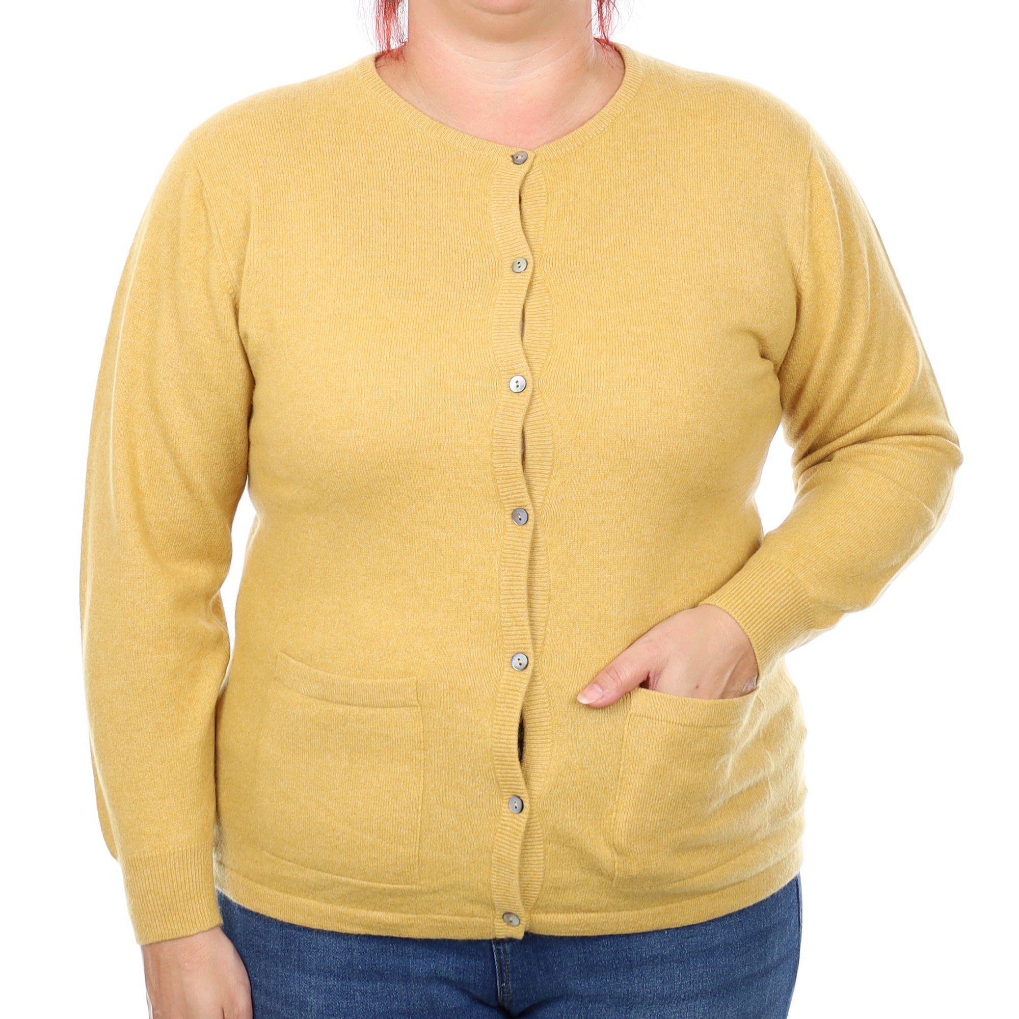 Mustard Yellow Cashmere Crew Neck Cardigan with Pockets Large