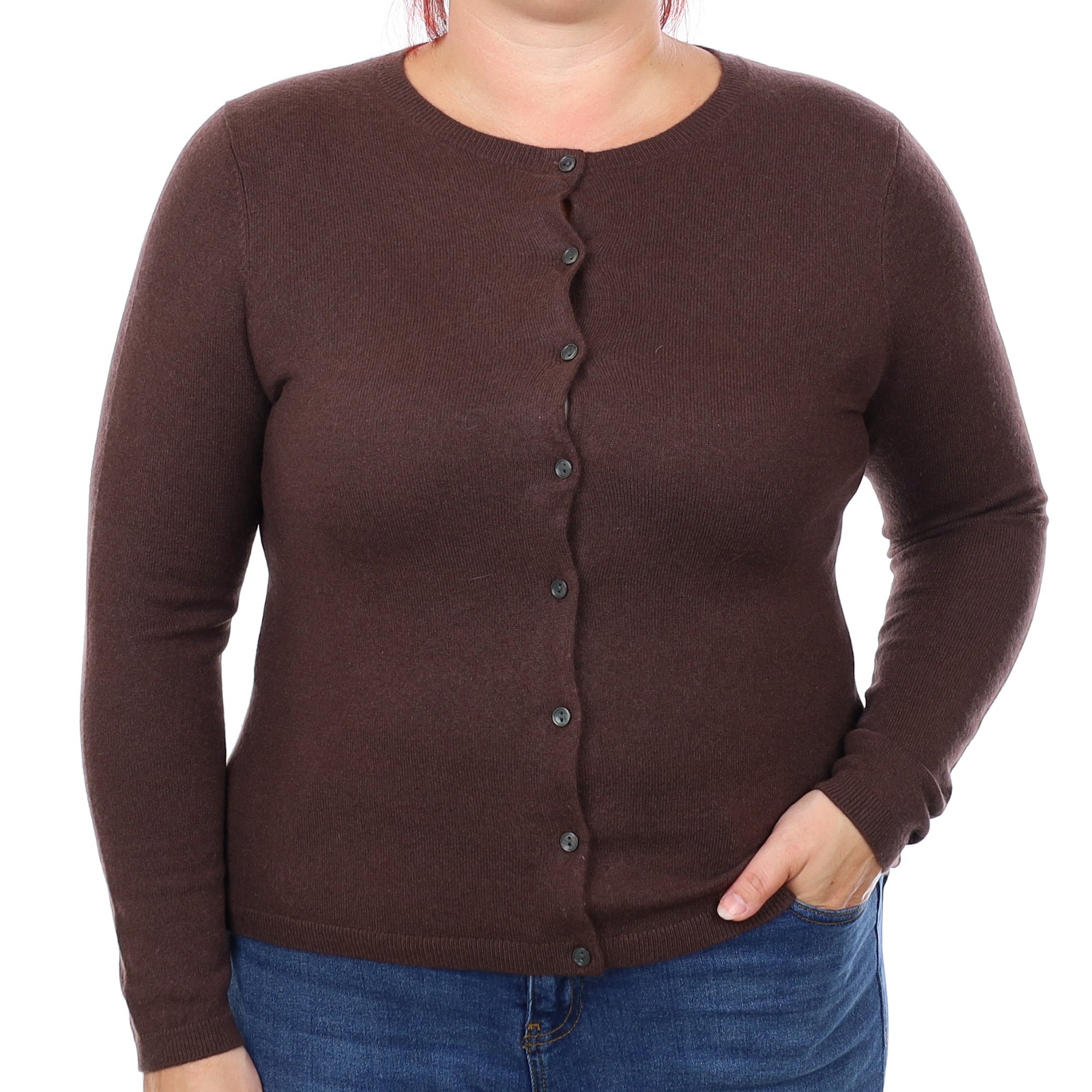 Chocolate Brown Cashmere Crew Neck Cardigan Large