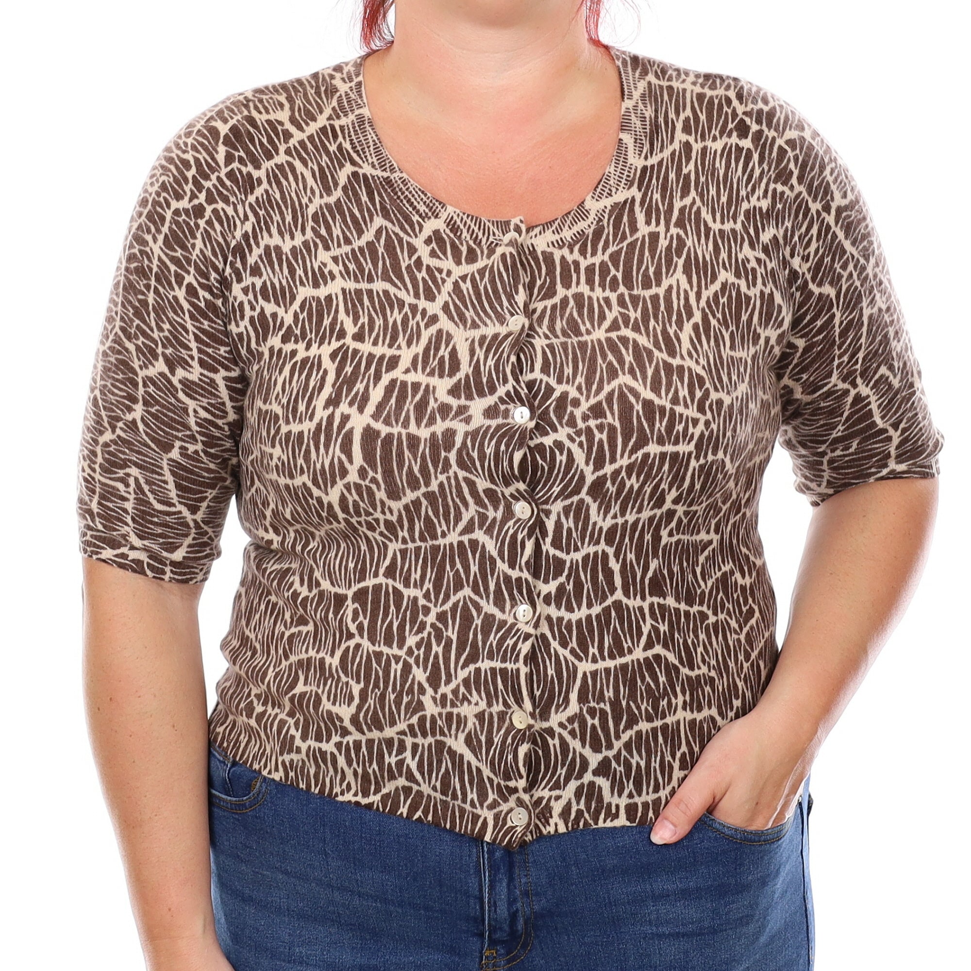 Brown Animal Print Cashmere 1/2 Sleeve Crew  Neck Cardigan Large
