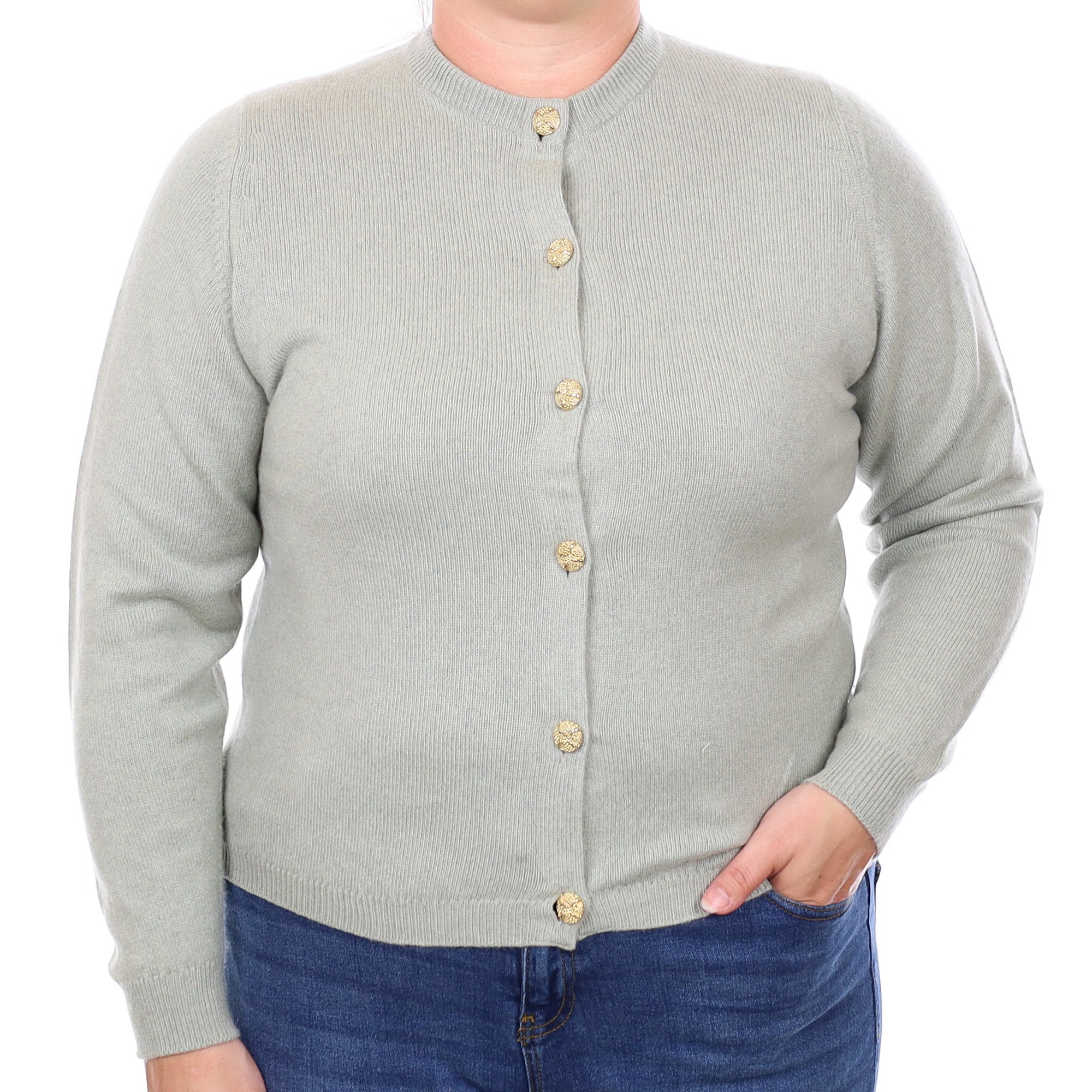 Scottish Soft Sage Cashmere Crew Neck Cardigan Large