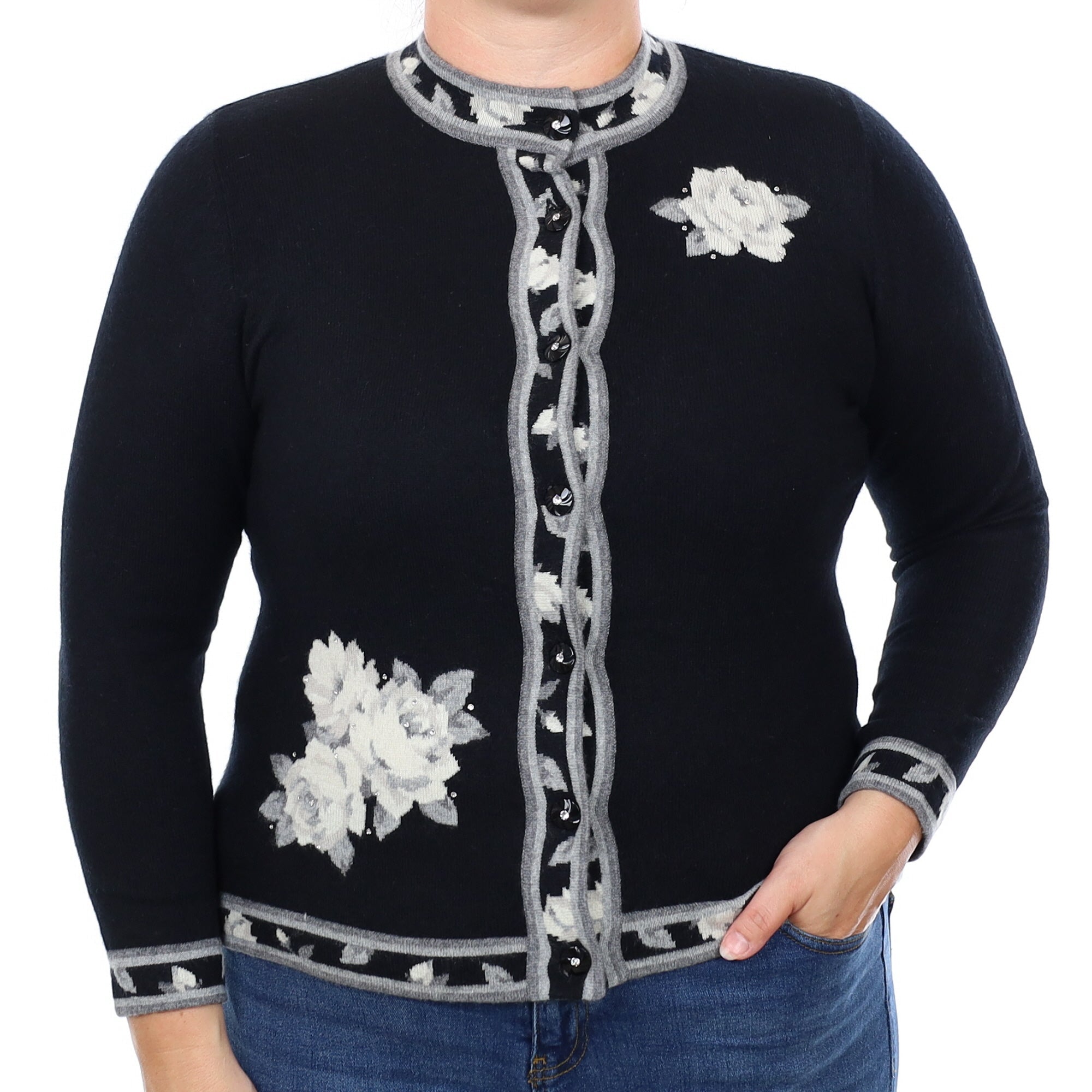 Black Floral Trim Cashmere Turtle Neck Cardigan Large
