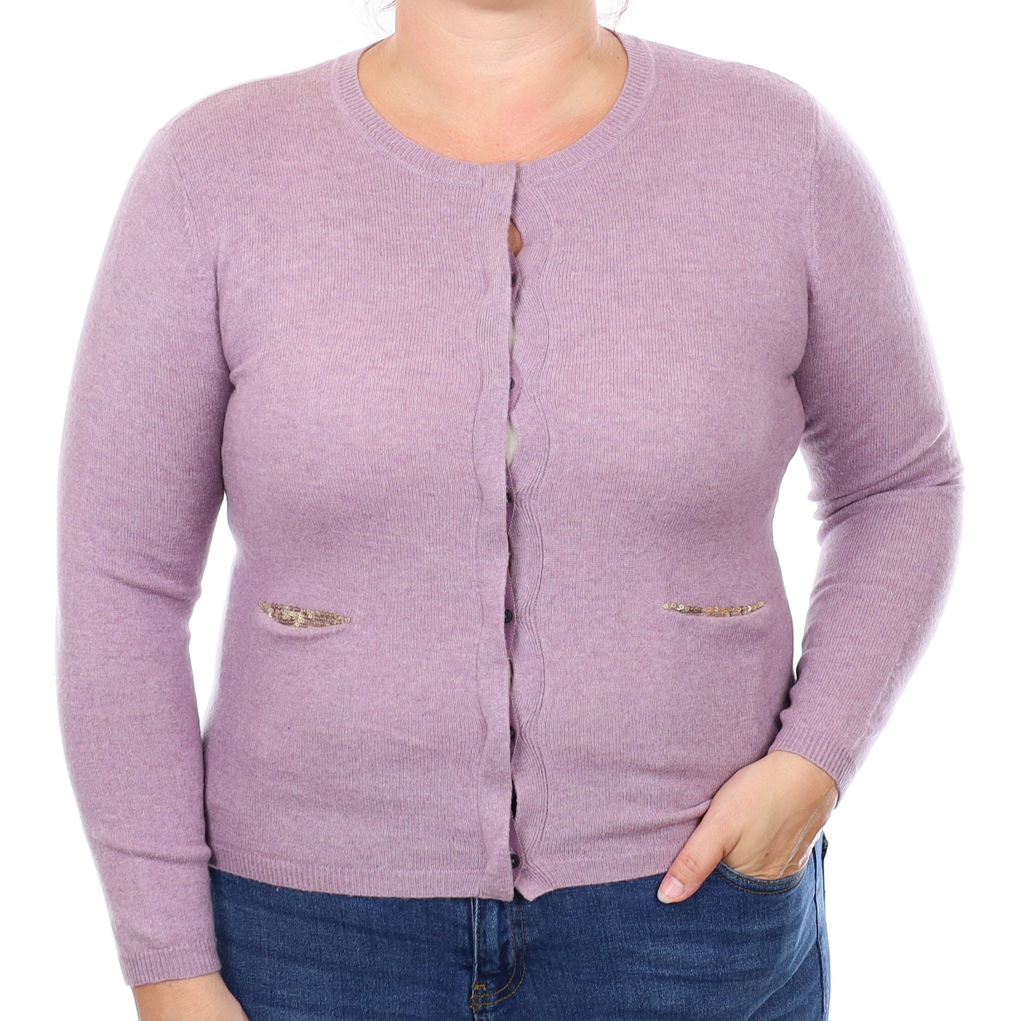 Pale Lavender Cashmere Crew Neck Cardigan with Pockets Large