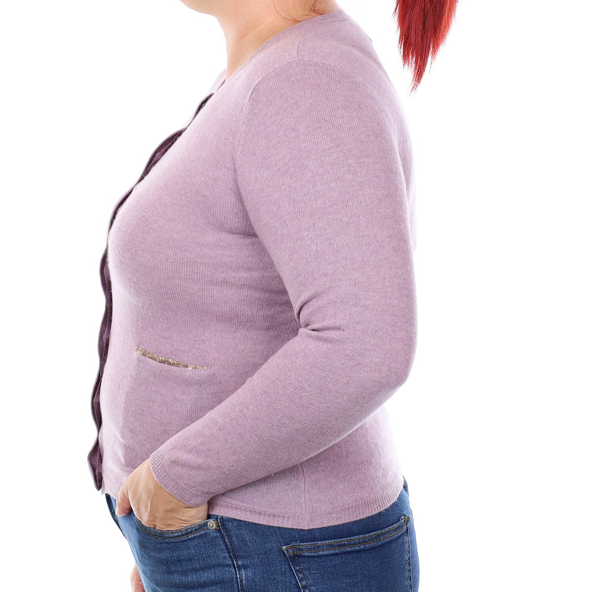 Pale Lavender Cashmere Crew Neck Cardigan with Pockets Large