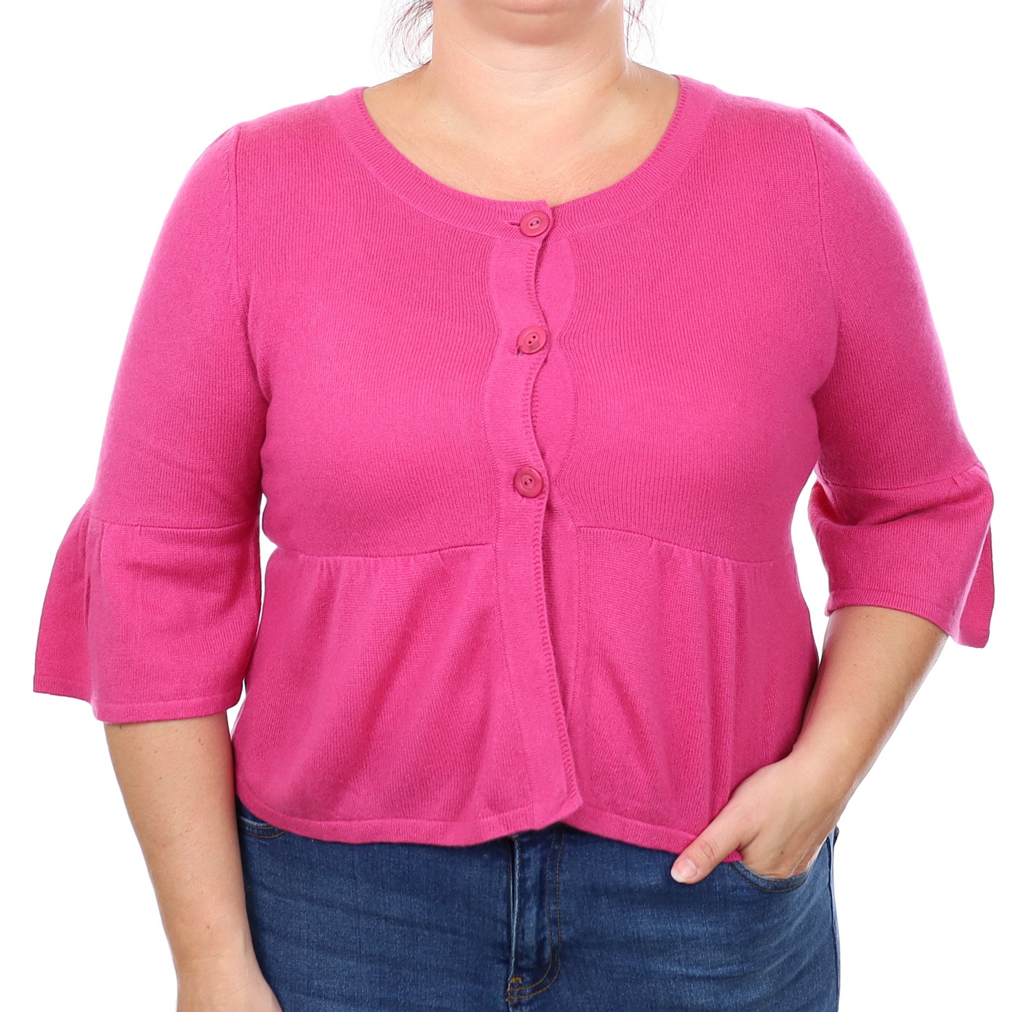 Fuchsia Pink Cashmere Flared Crew Neck Cardigan Large
