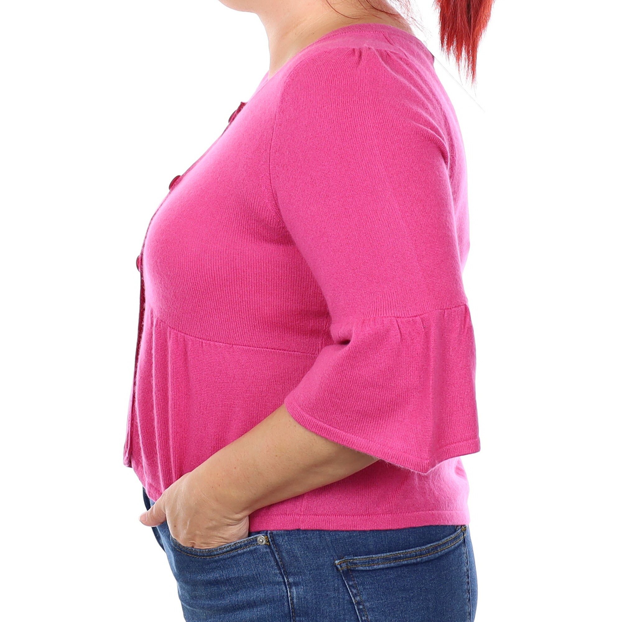 Fuchsia Pink Cashmere Flared Crew Neck Cardigan Large