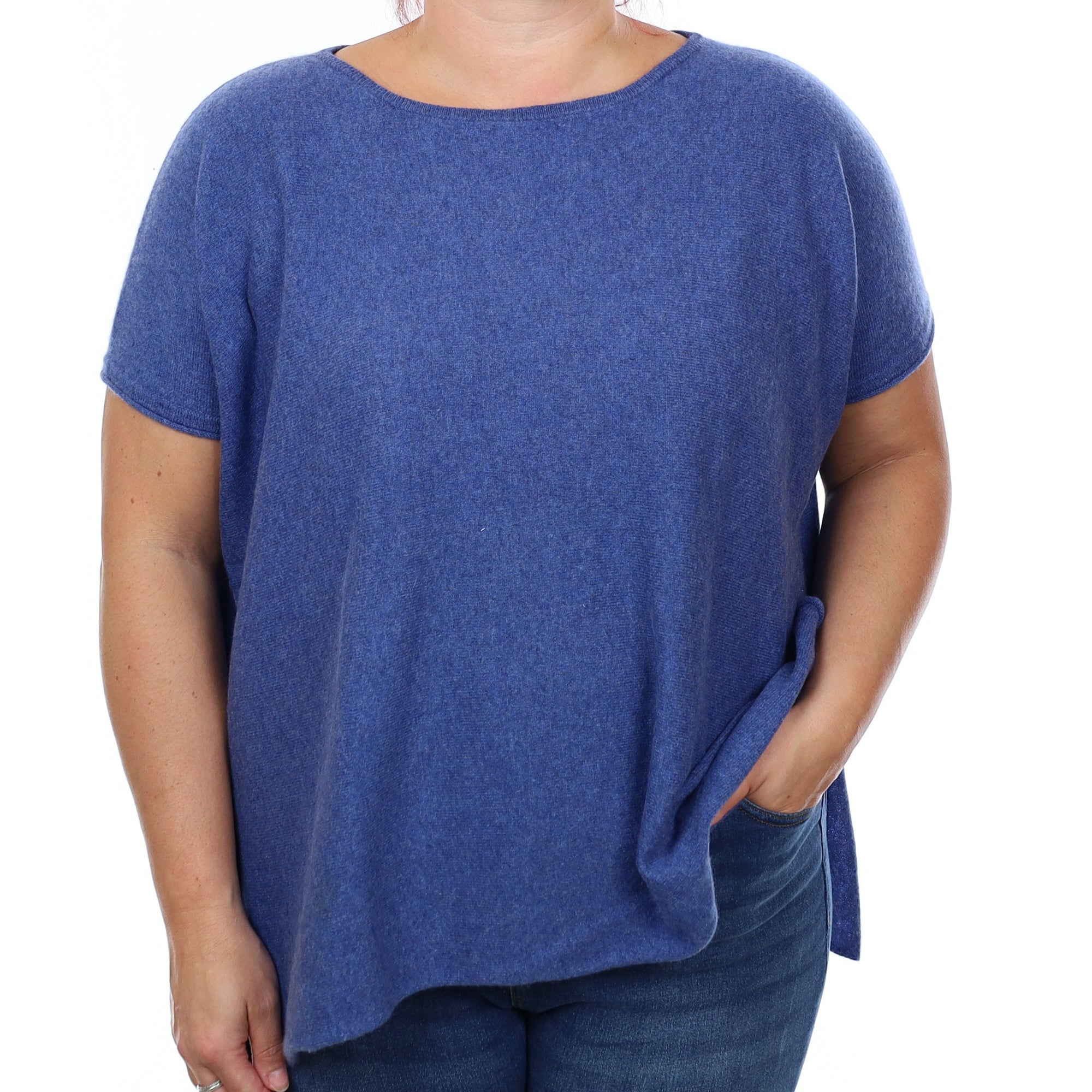Denim Blue Cashmere Slouchy Short Sleeve Boat Neck Jumper Large