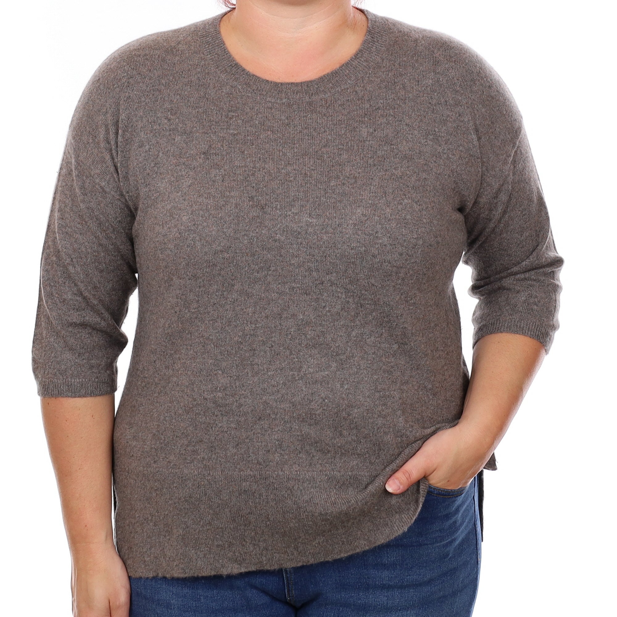 Muted Brown Cashmere 1/2 Sleeve Crew Neck Jumper Large