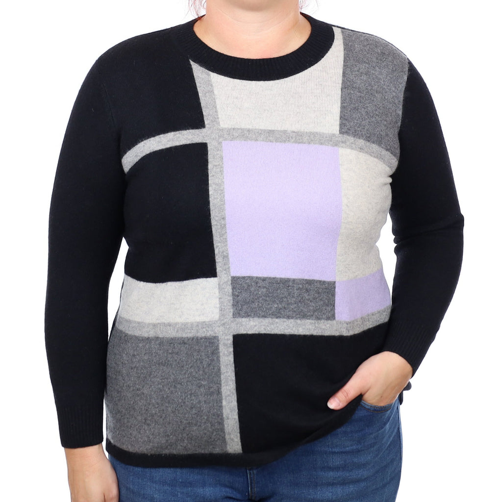 Black Grey Purple Colour Block Cashmere Crew Neck Jumper Large