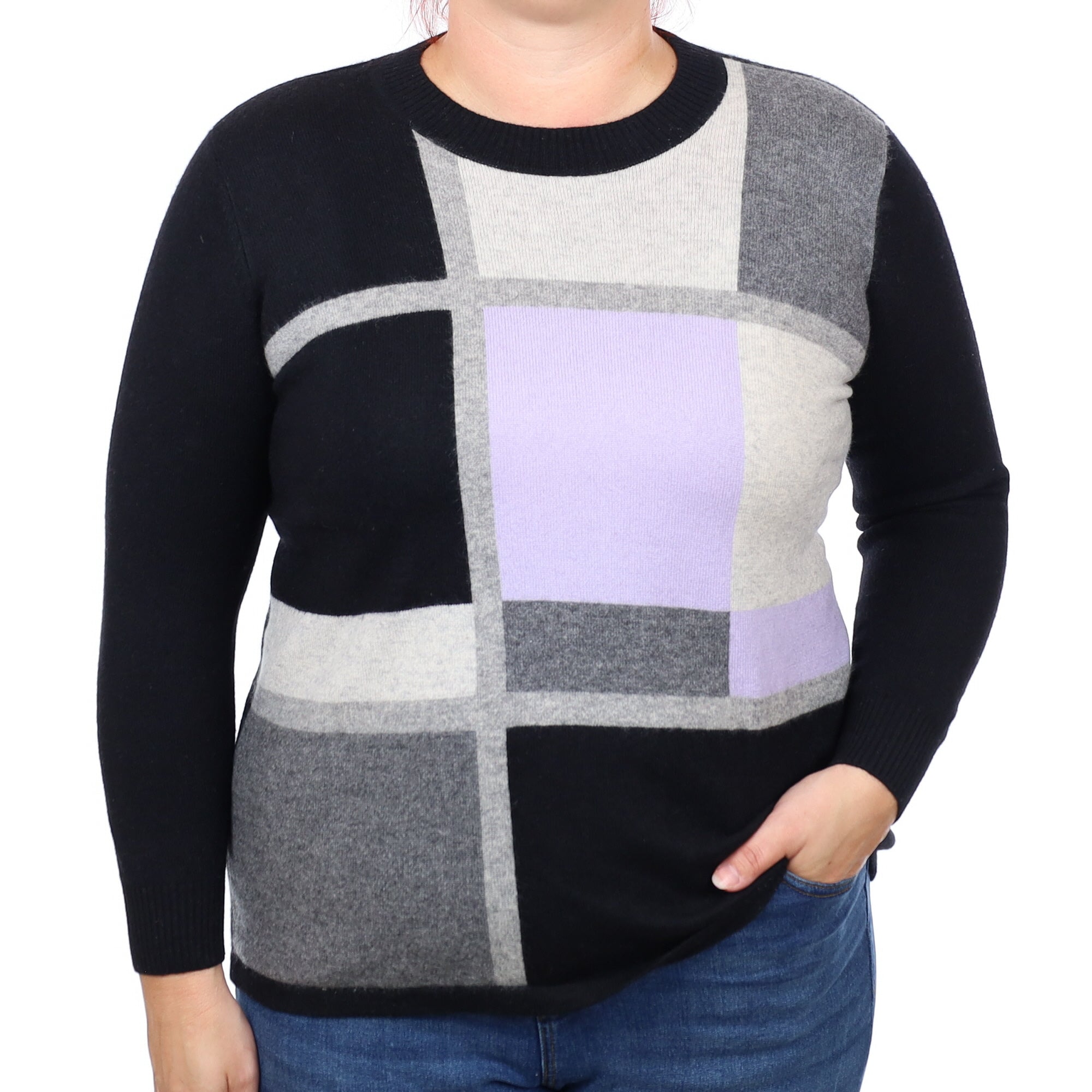 Black Grey Purple Colour Block Cashmere Crew Neck Jumper Large