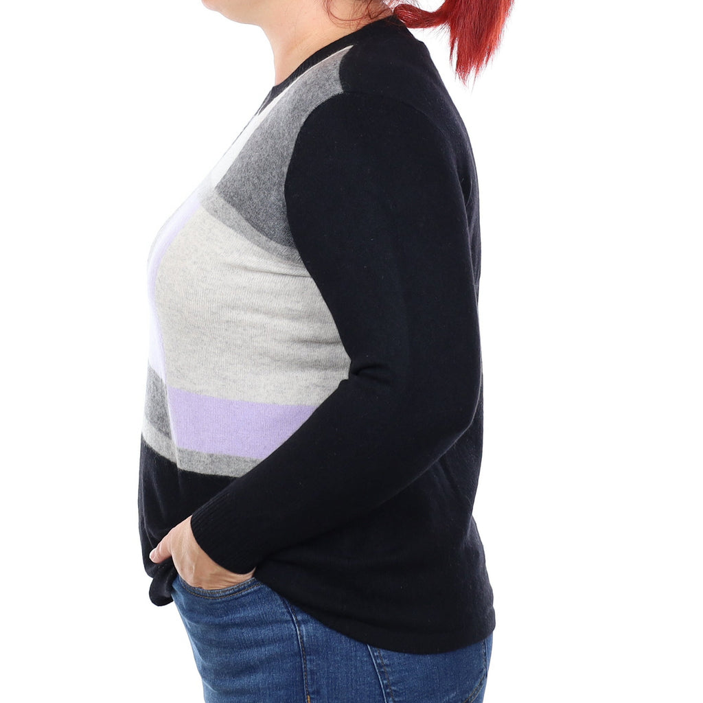 Black Grey Purple Colour Block Cashmere Crew Neck Jumper Large