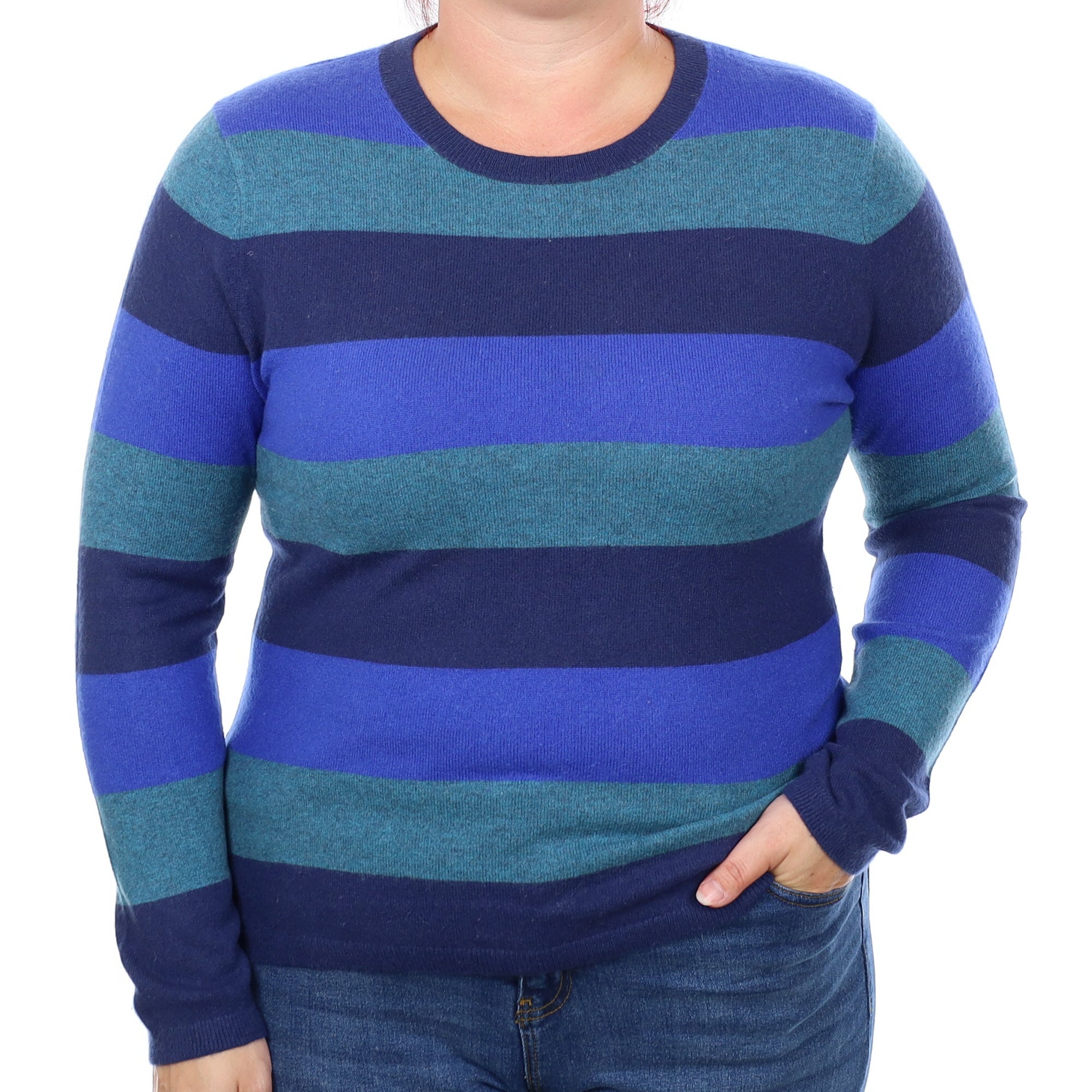 Blue Stripe Cashmere Crew Neck Jumper Large
