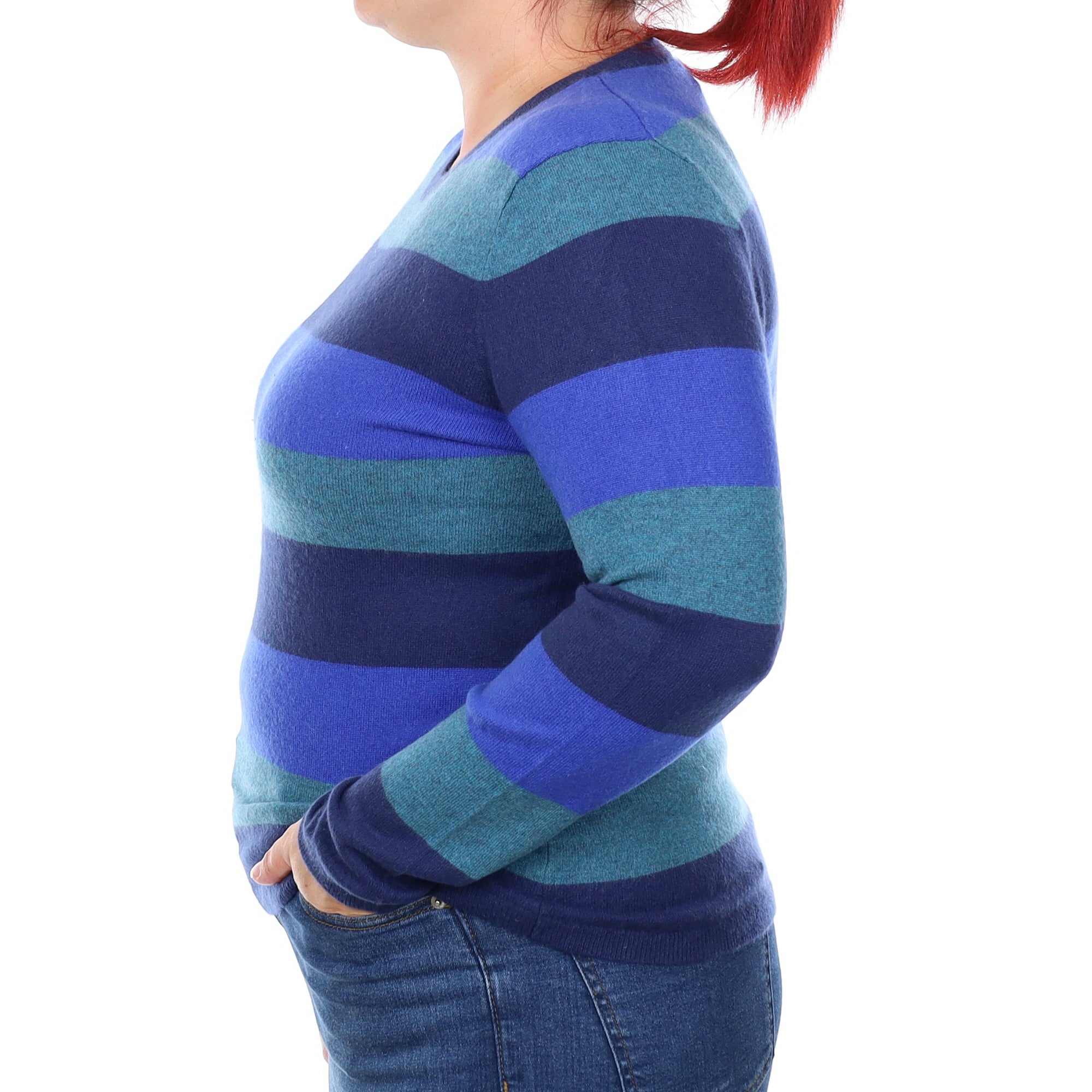 Blue Stripe Cashmere Crew Neck Jumper Large