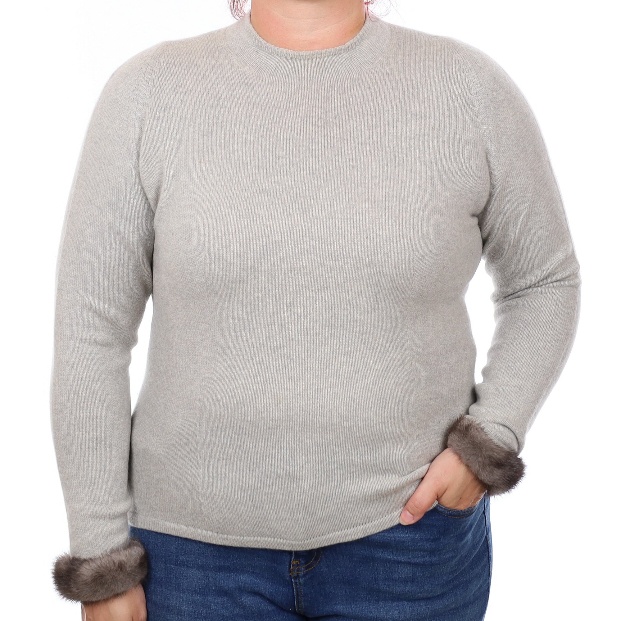 Mist Grey Cashmere Fur Cuff Turtleneck Jumper Large