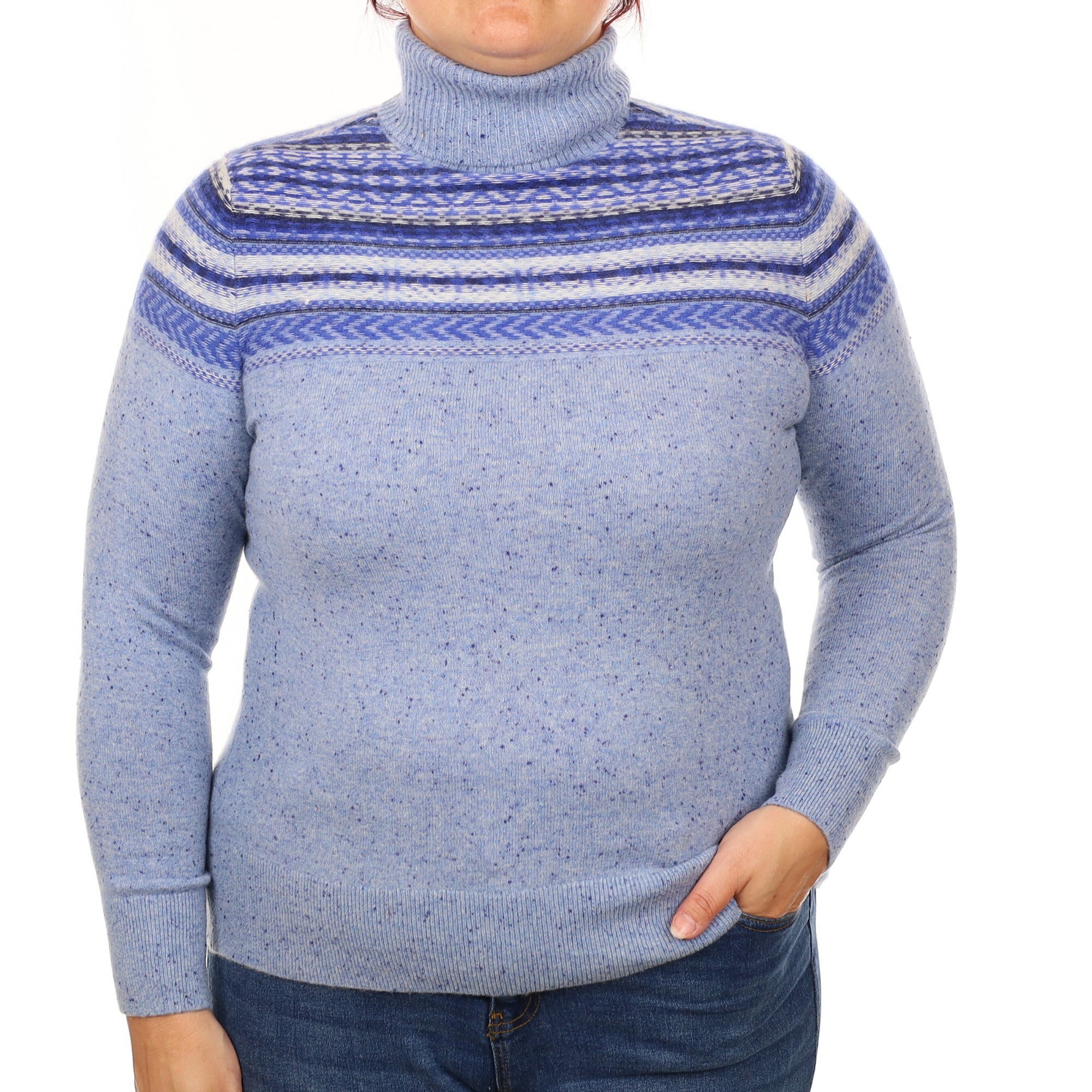 Blue Fair Isle Patterned Cashmere Polo Neck Jumper Large