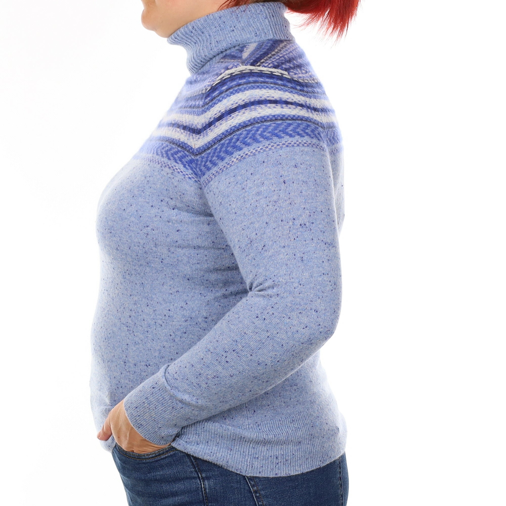 Blue Fair Isle Patterned Cashmere Polo Neck Jumper Large