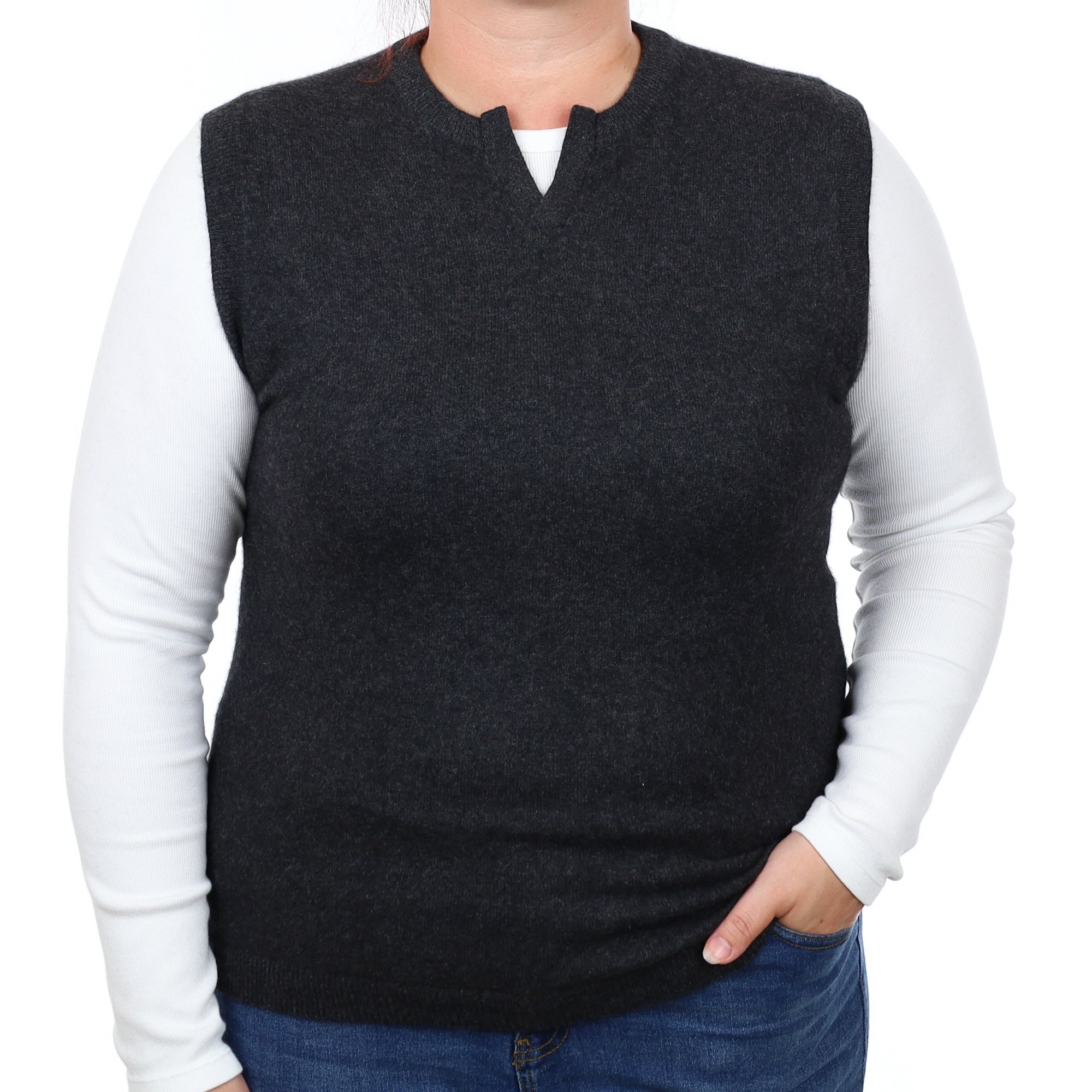 Graphite Grey Cashmere Notch Neck Tank Top Large