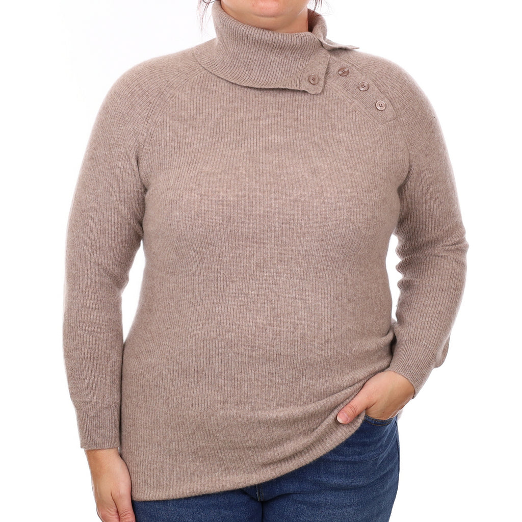 Fawn Rib Heavy Knit Cashmere Buttoned Polo Neck Jumper Large