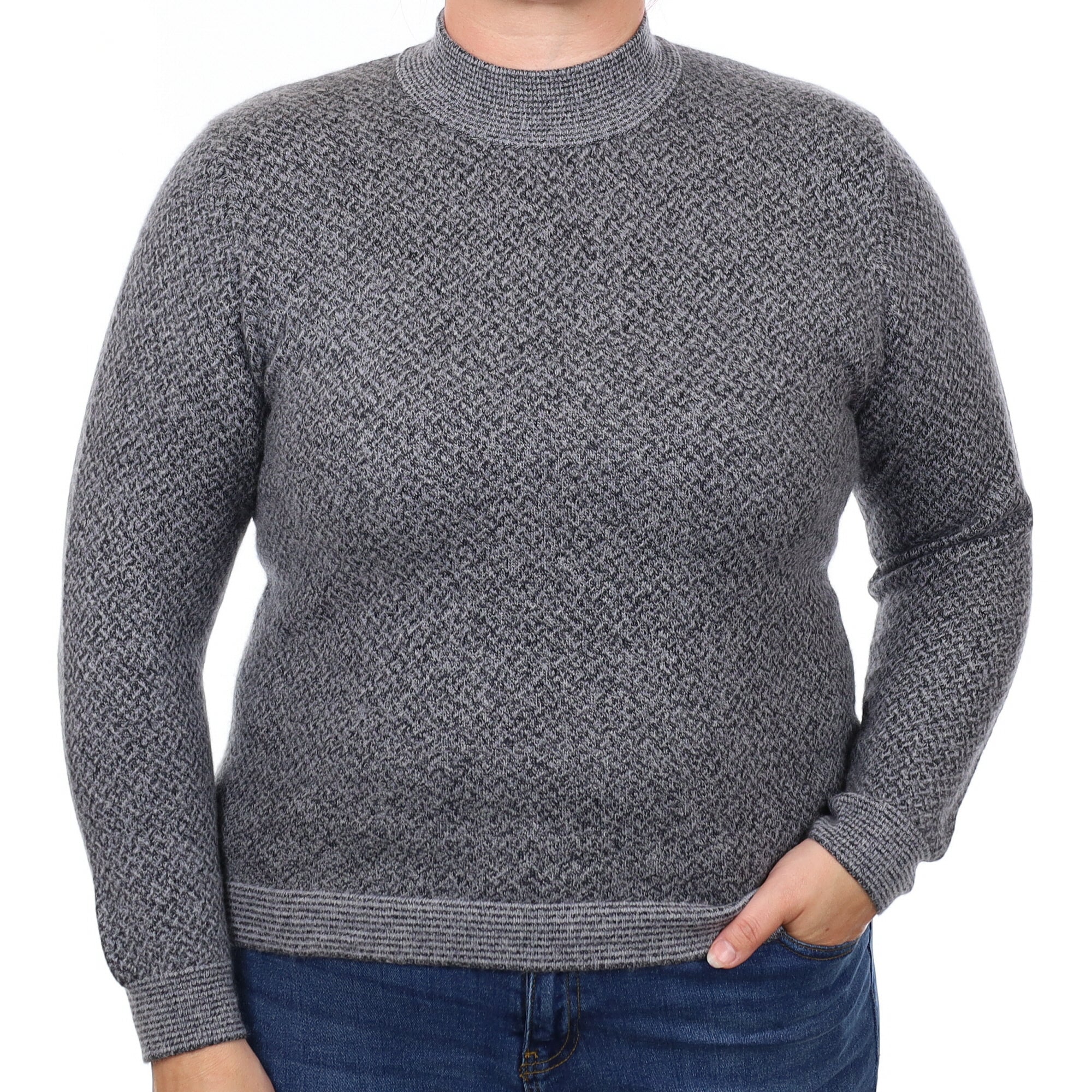 Two Tone Grey Textured Knit Cashmere Turtleneck Jumper Large