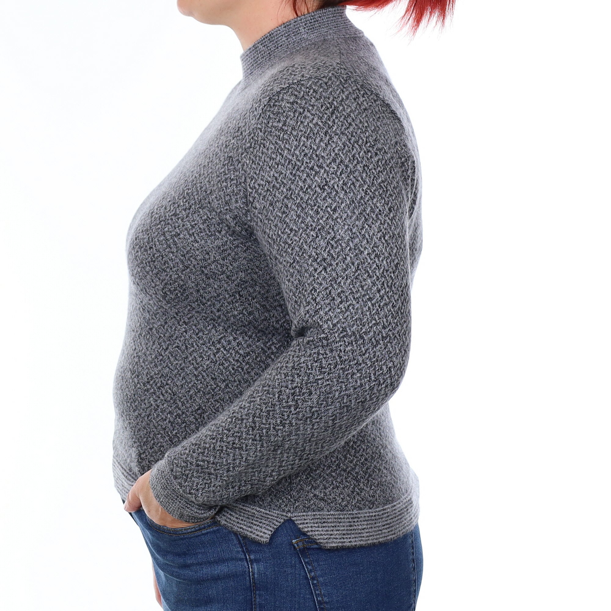 Two Tone Grey Textured Knit Cashmere Turtleneck Jumper Large