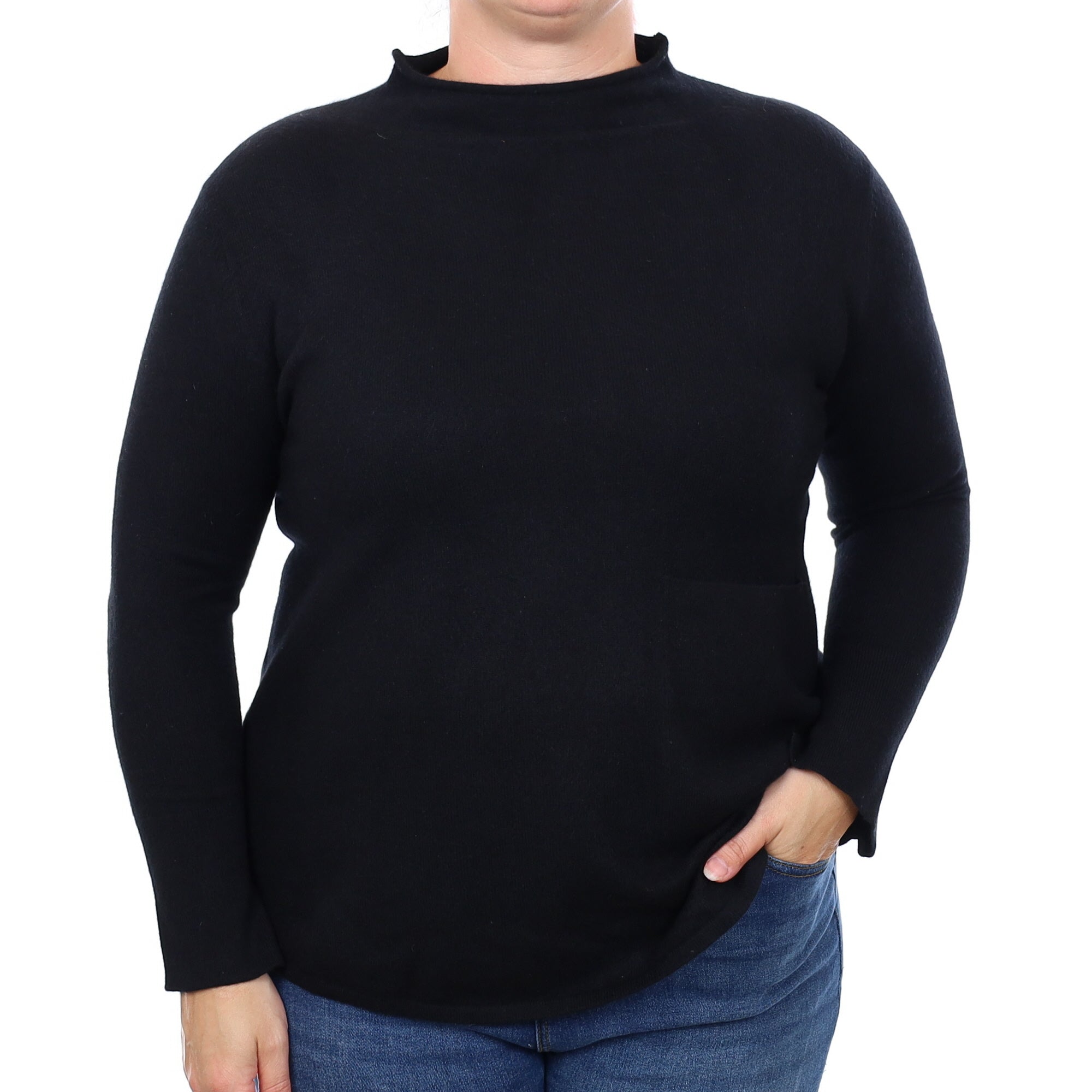 Black Cashmere Funnel  Neck Jumper with Pocket Large