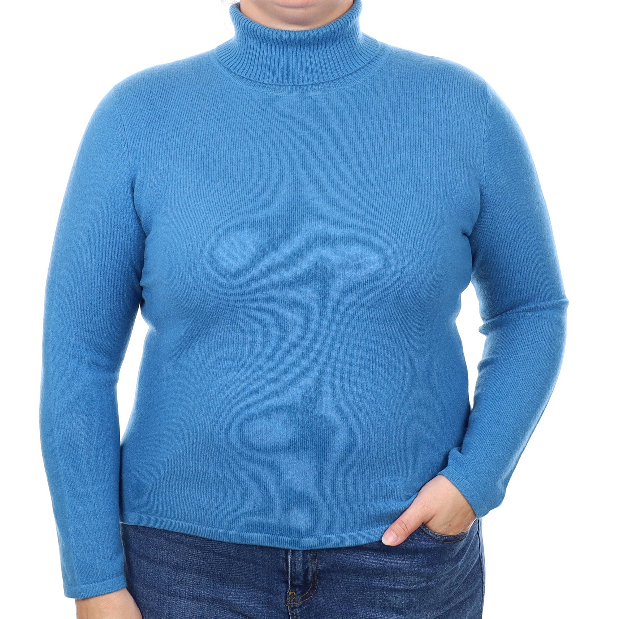 Mediterranean Blue Cashmere Polo Neck Jumper Large