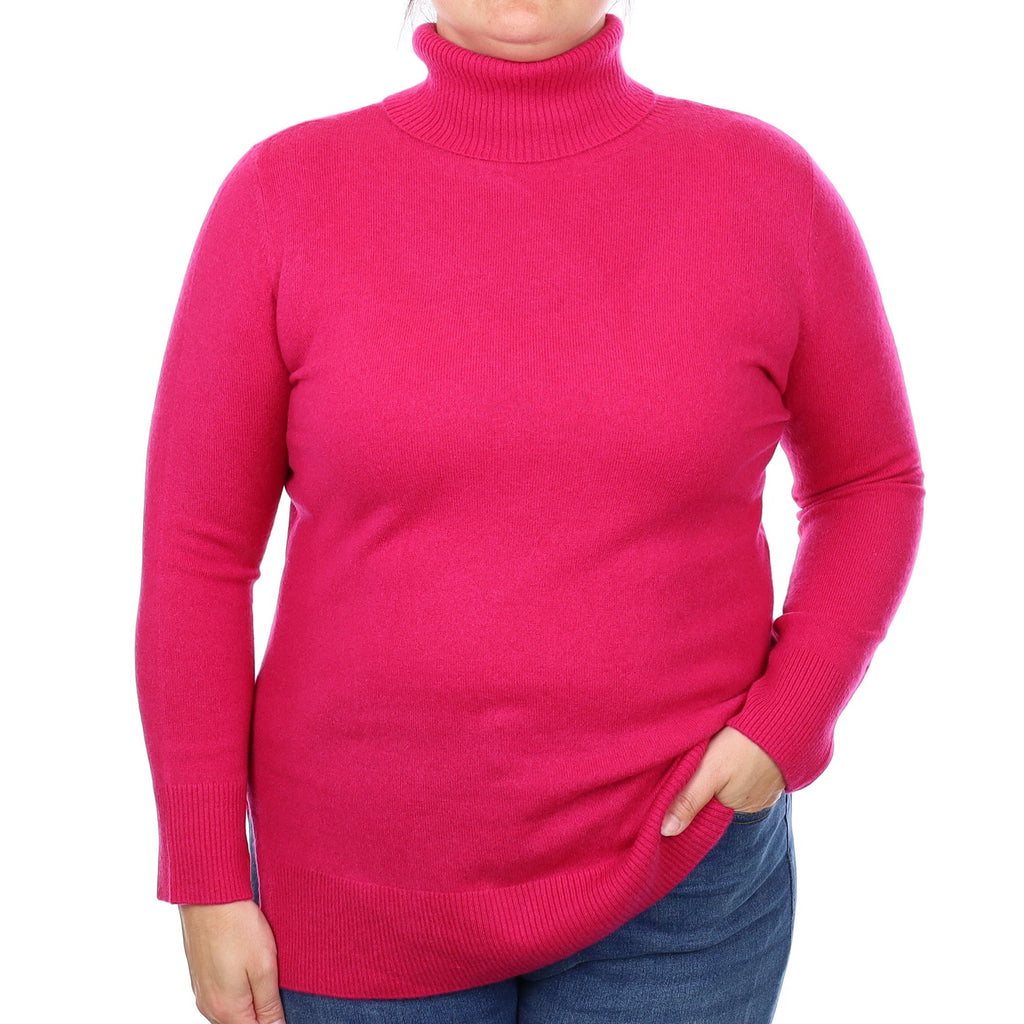 Fuchsia Pink Cashmere Polo Neck Jumper Large