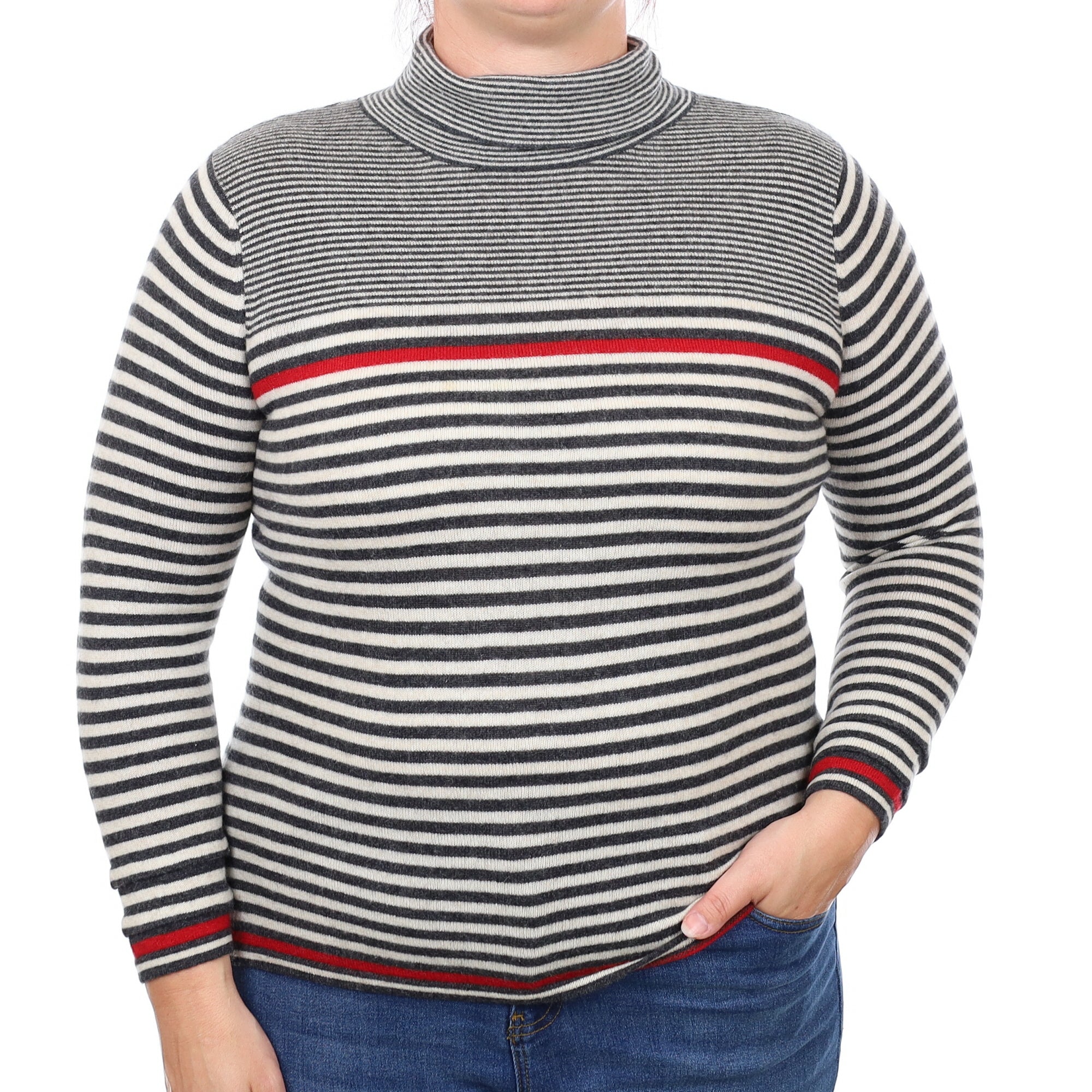 Grey and Ivory Stripe Cashmere Polo Neck Jumper Large
