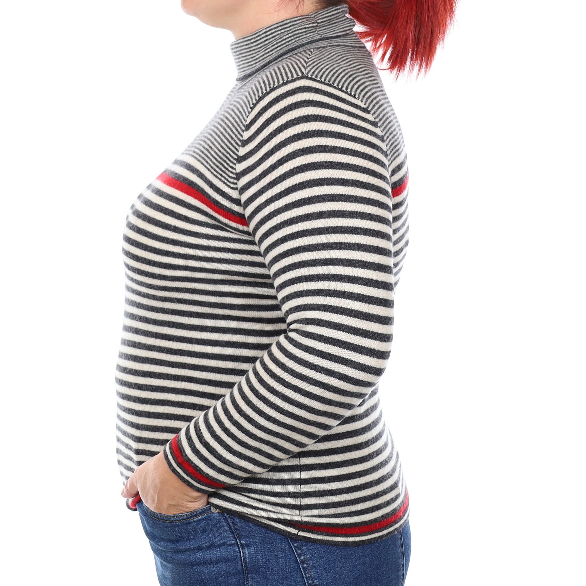 Grey and Ivory Stripe Cashmere Polo Neck Jumper Large