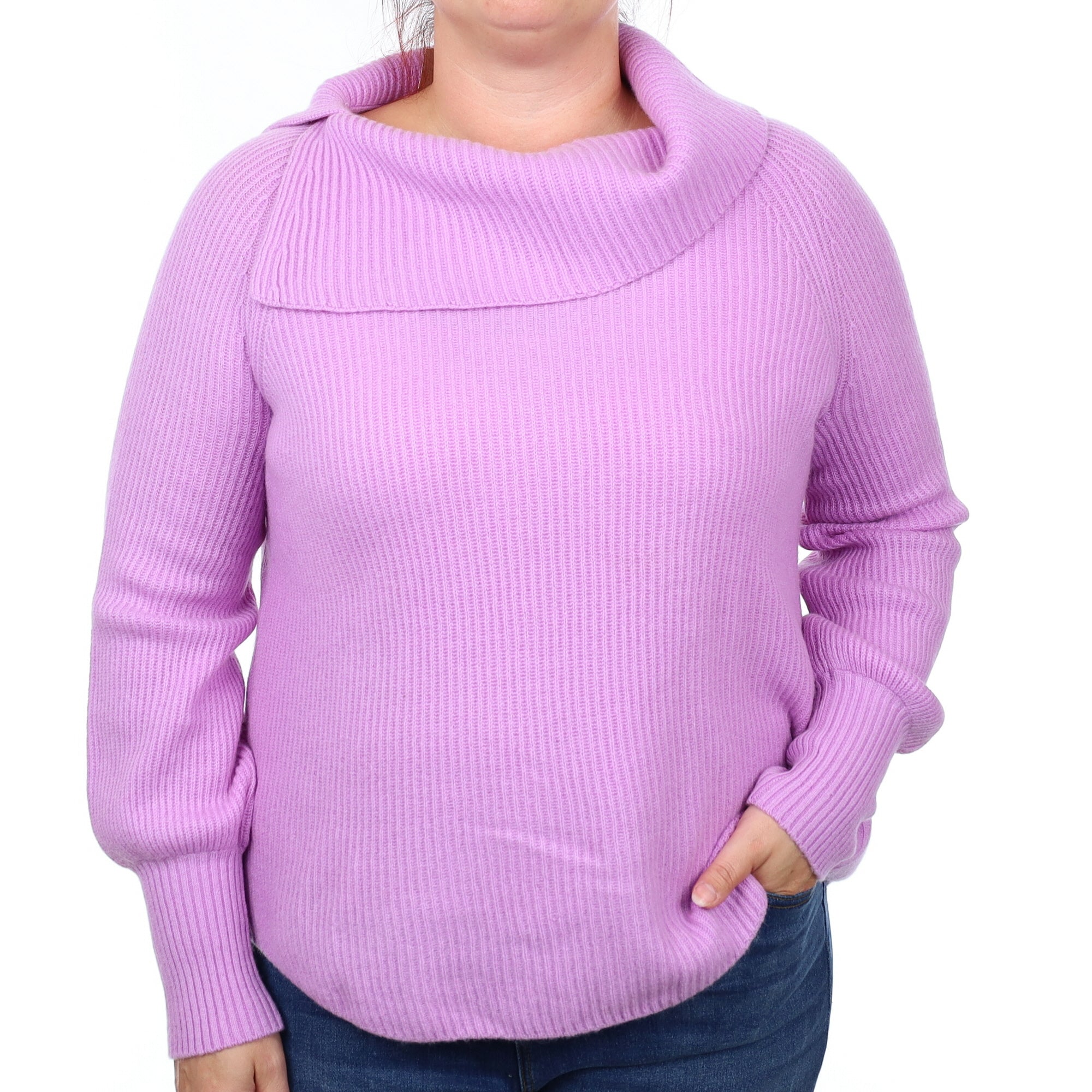 Lilac Chunky Rib Cashmere Split Roll Neck Jumper Large