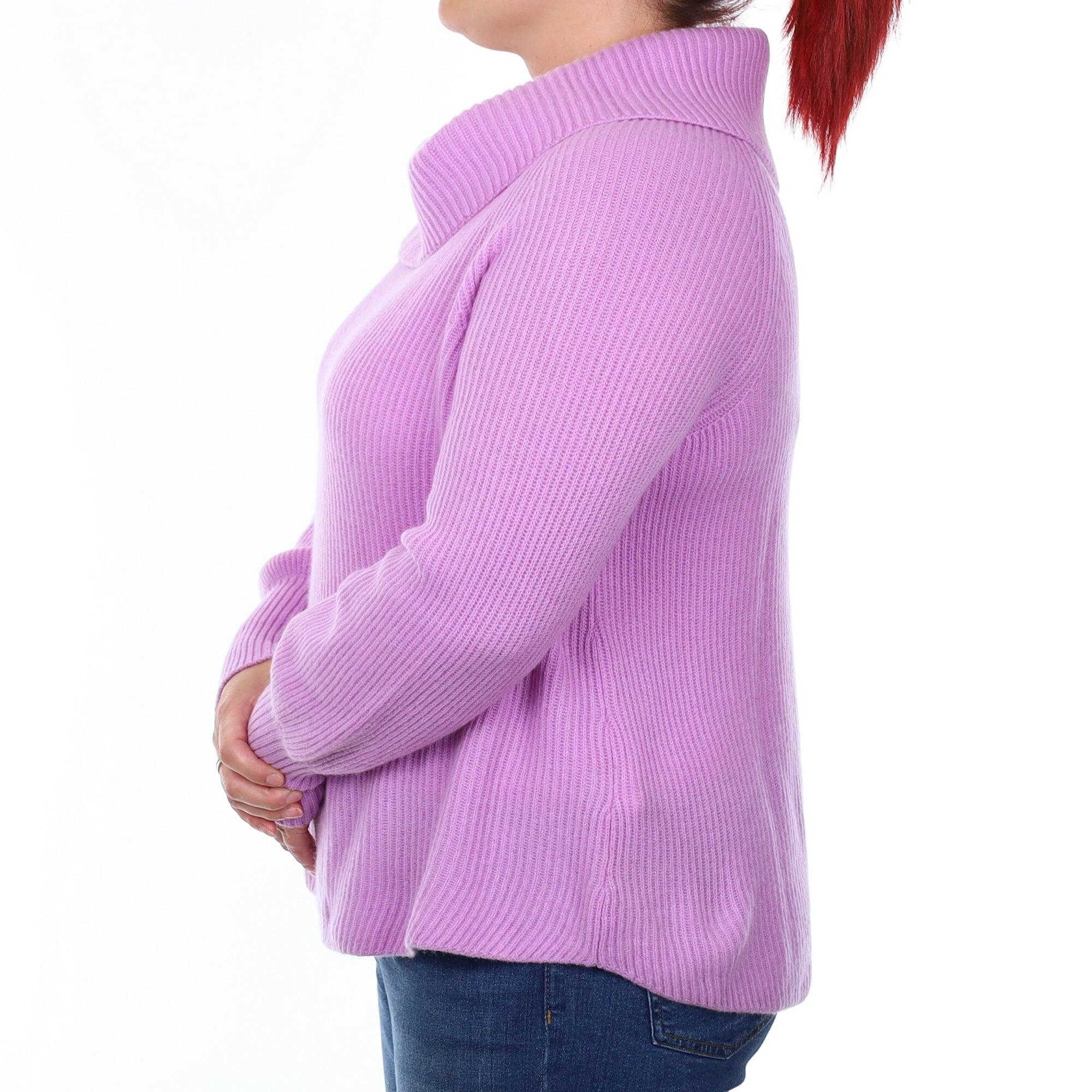 Lilac Chunky Rib Cashmere Split Roll Neck Jumper Large