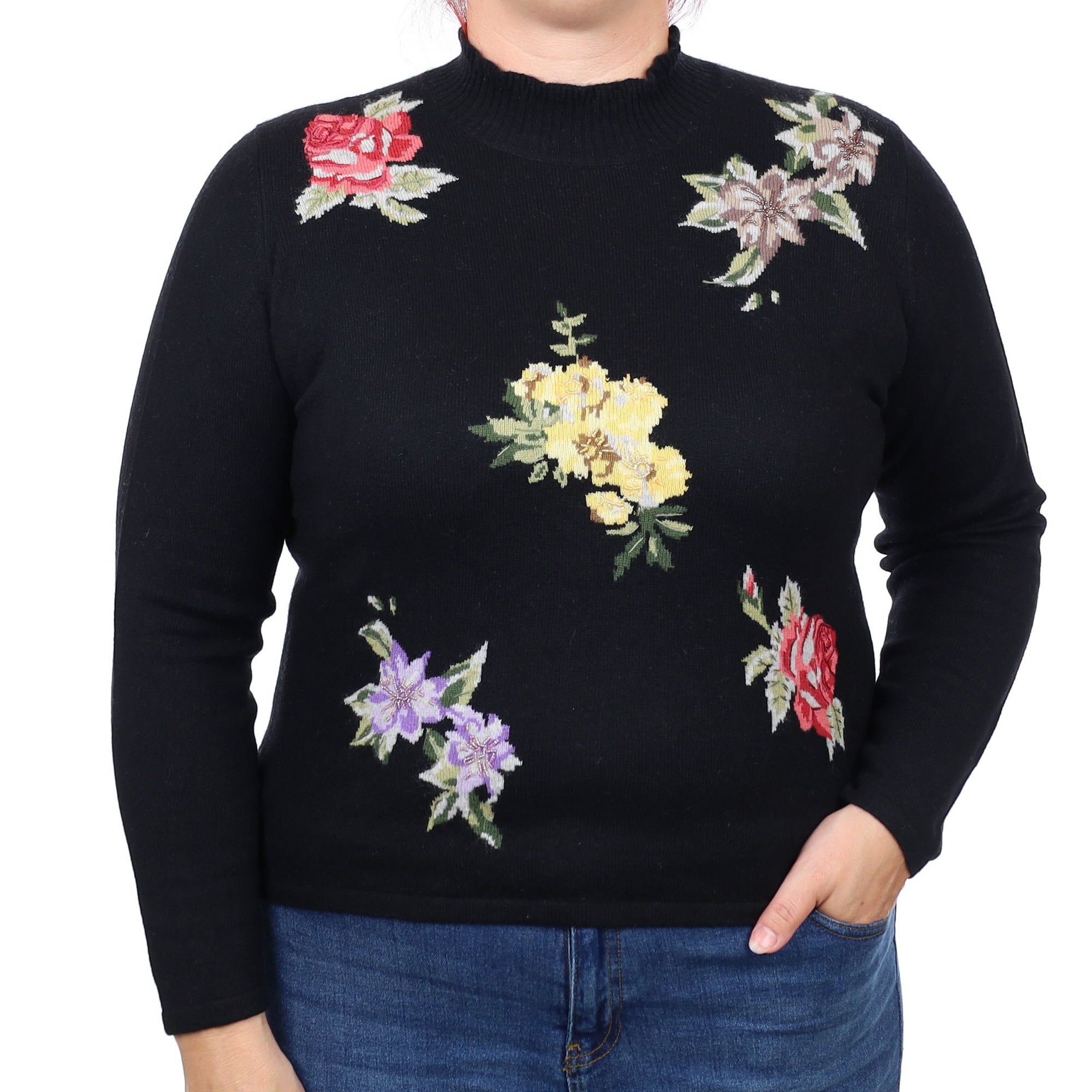 Black Floral Embellished Cashmere Turtleneck Jumper Large