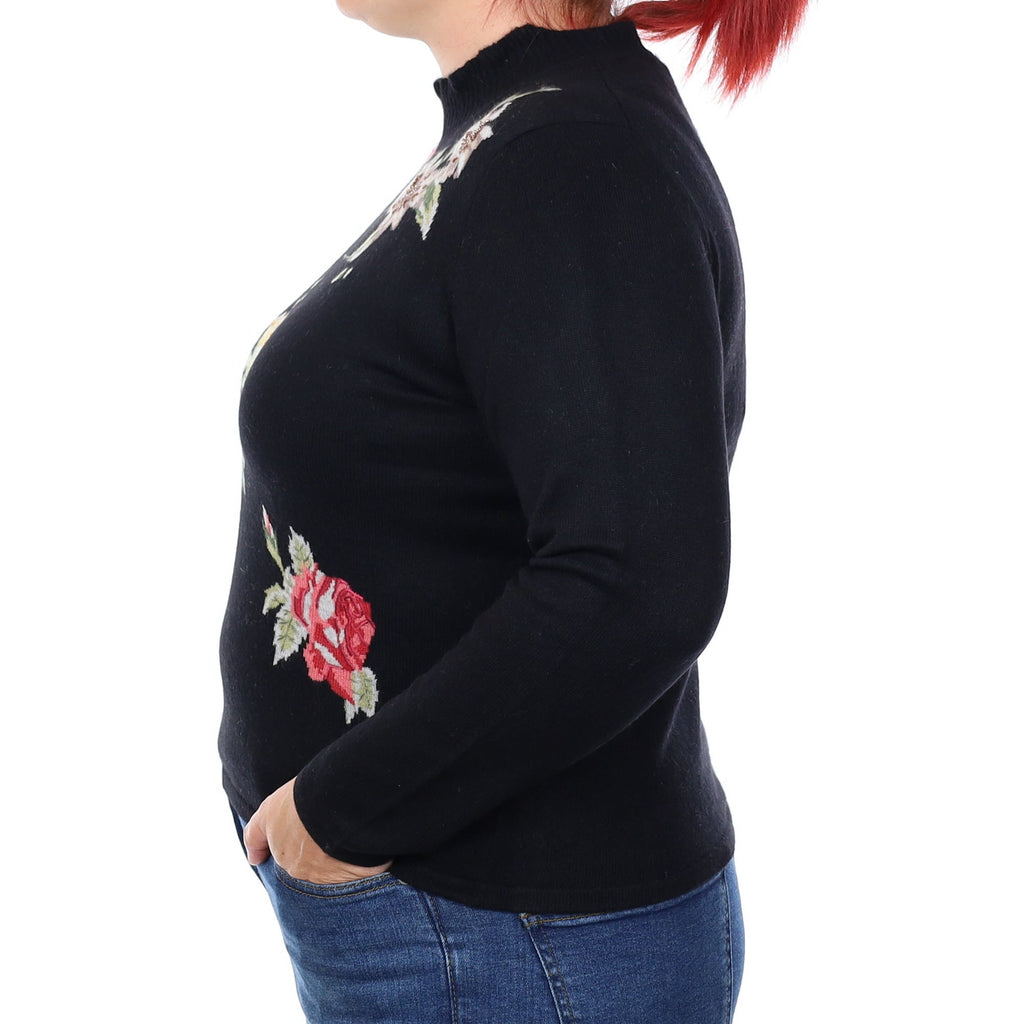 Black Floral Embellished Cashmere Turtleneck Jumper Large