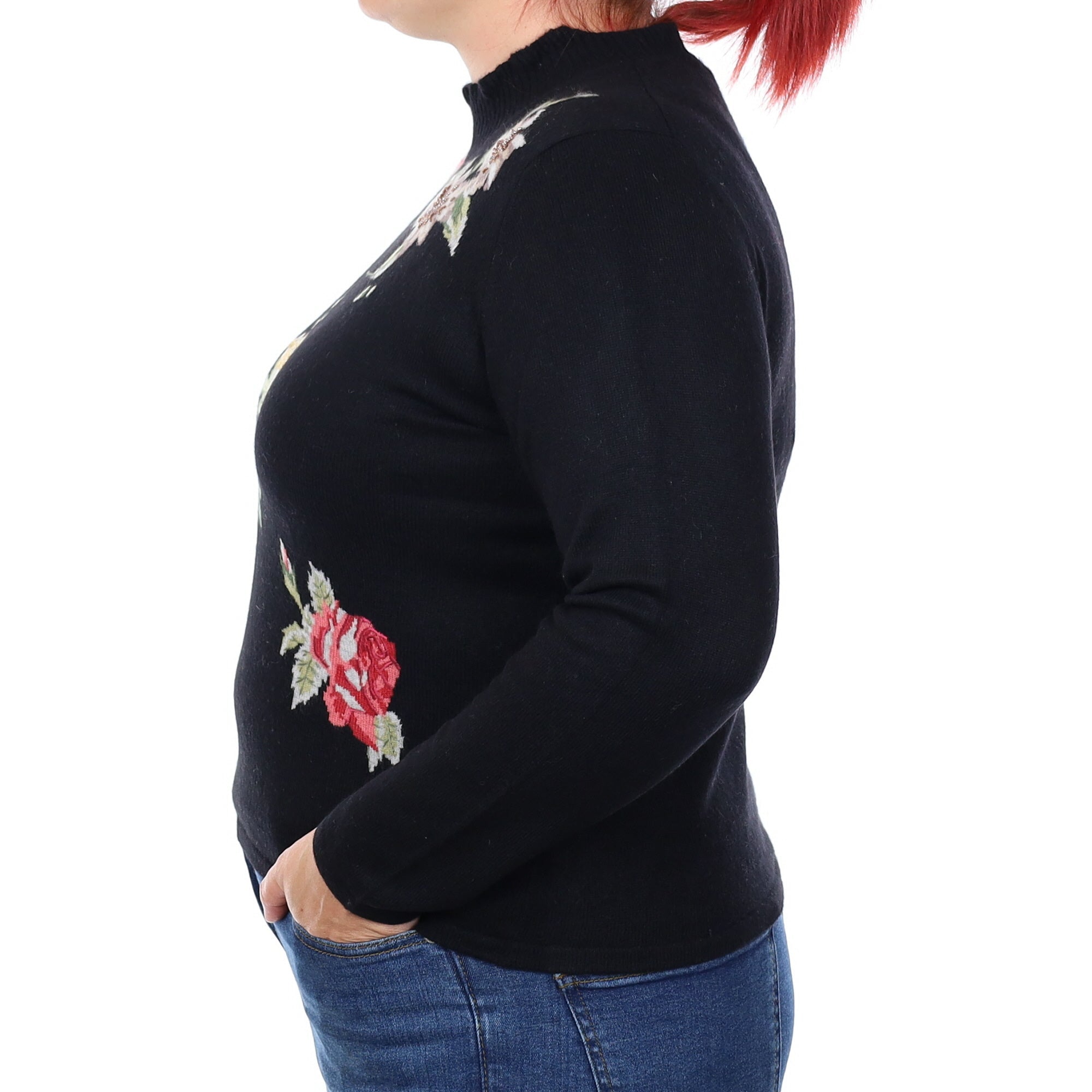 Black Floral Embellished Cashmere Turtleneck Jumper Large