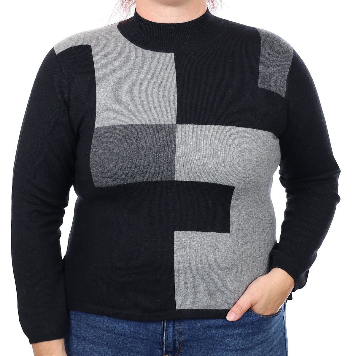 Black and Grey Cashmere Turtleneck Jumper Large