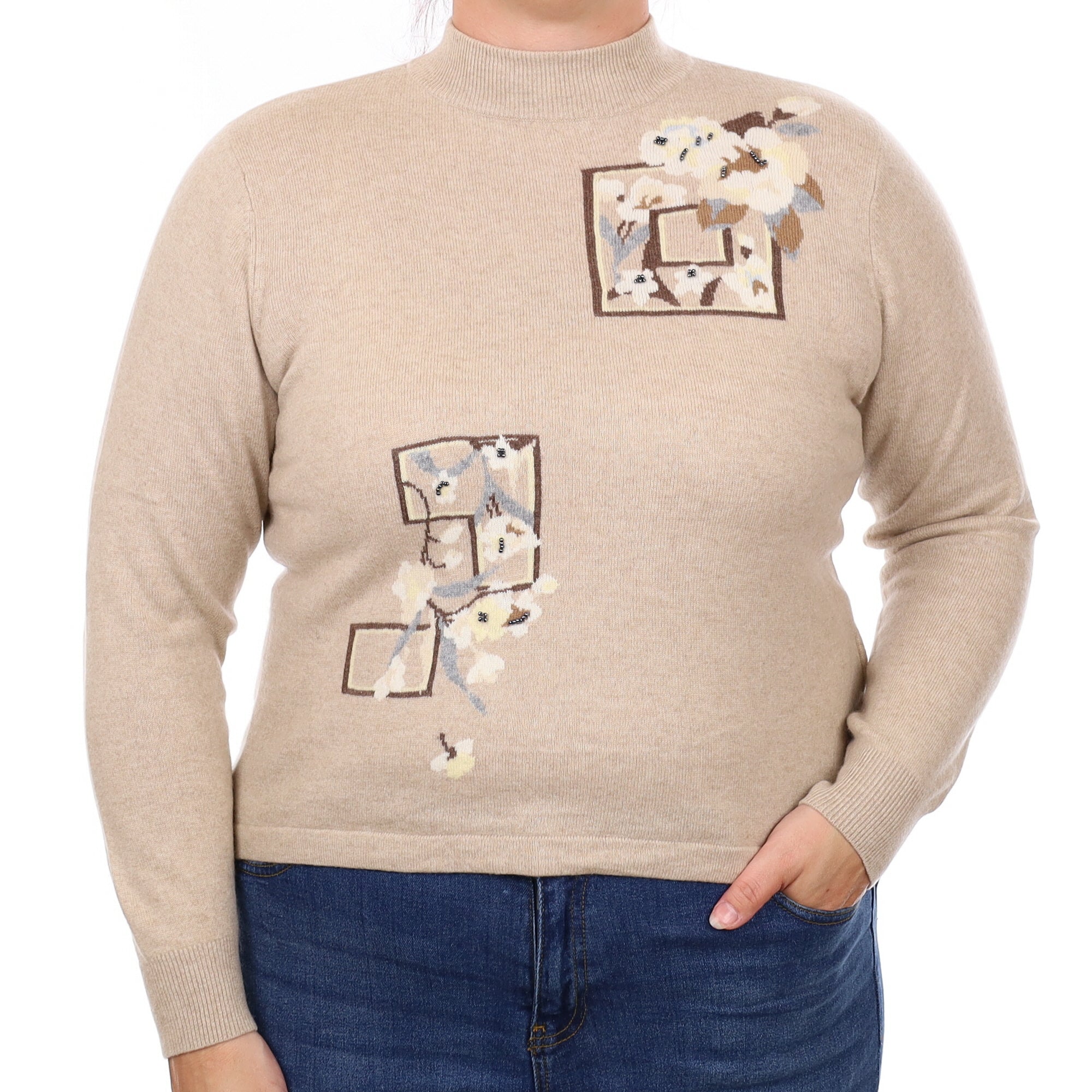 Beige Patterned Cashmere Turtleneck Jumper Large