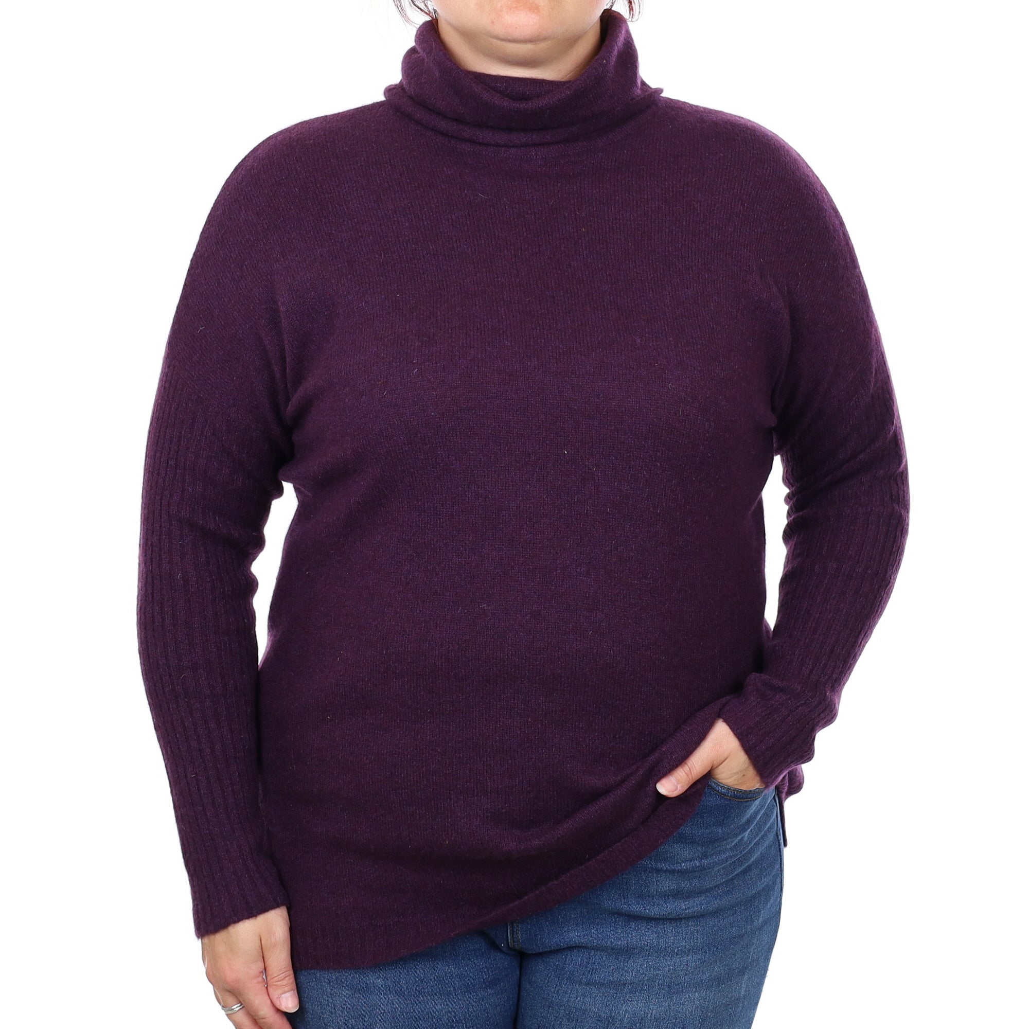 Aubergine Purple Cashmere Slouchy Polo Neck Jumper Large
