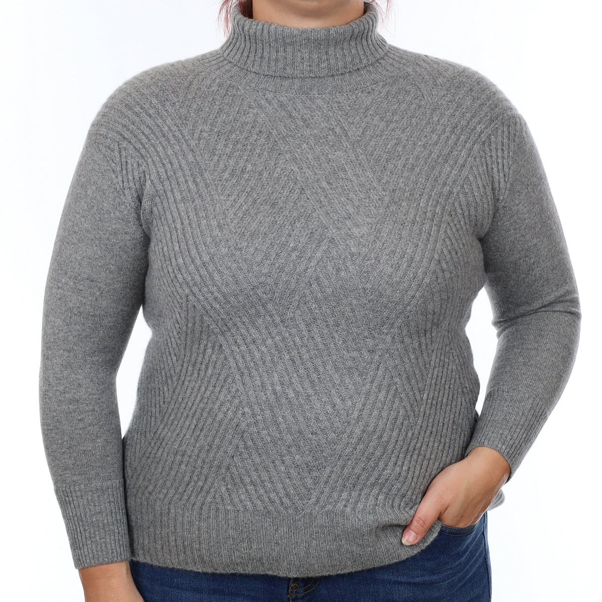 Ash Grey Textured Cashmere Polo Neck Jumper Large