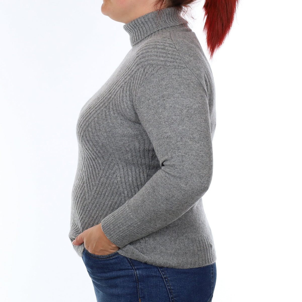 Ash Grey Textured Cashmere Polo Neck Jumper Large