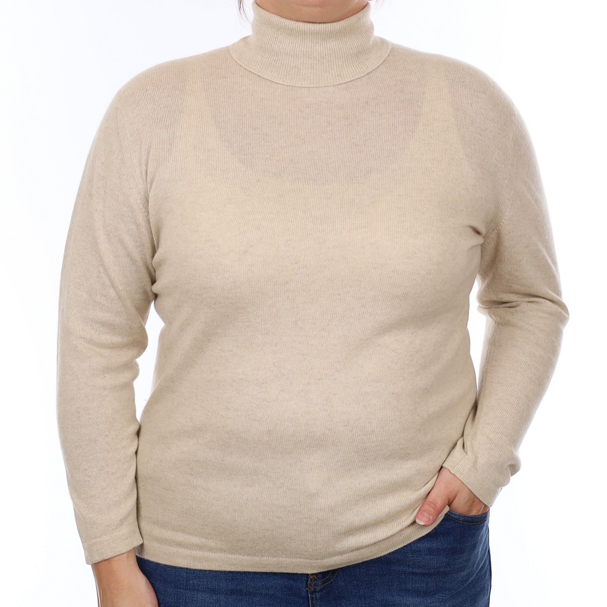 Italian Oatmeal Cashmere Polo Neck Jumper Large
