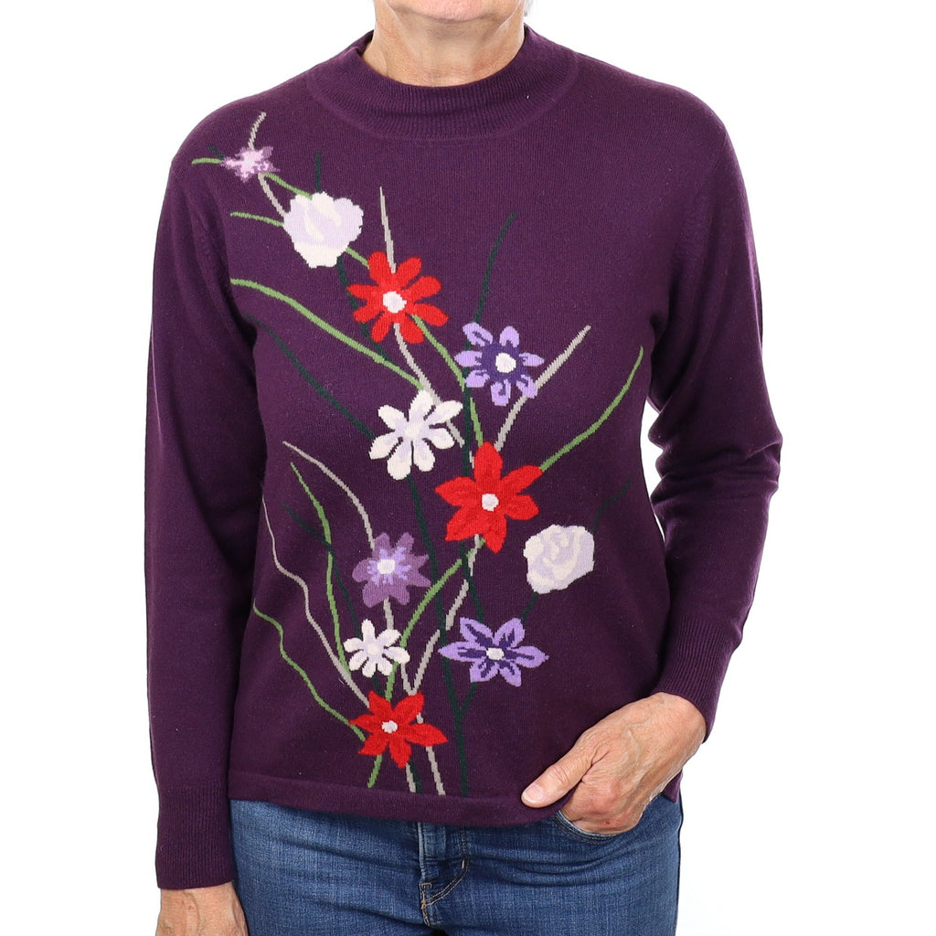 Deep Purple Floral Cashmere Turtleneck Jumper Medium